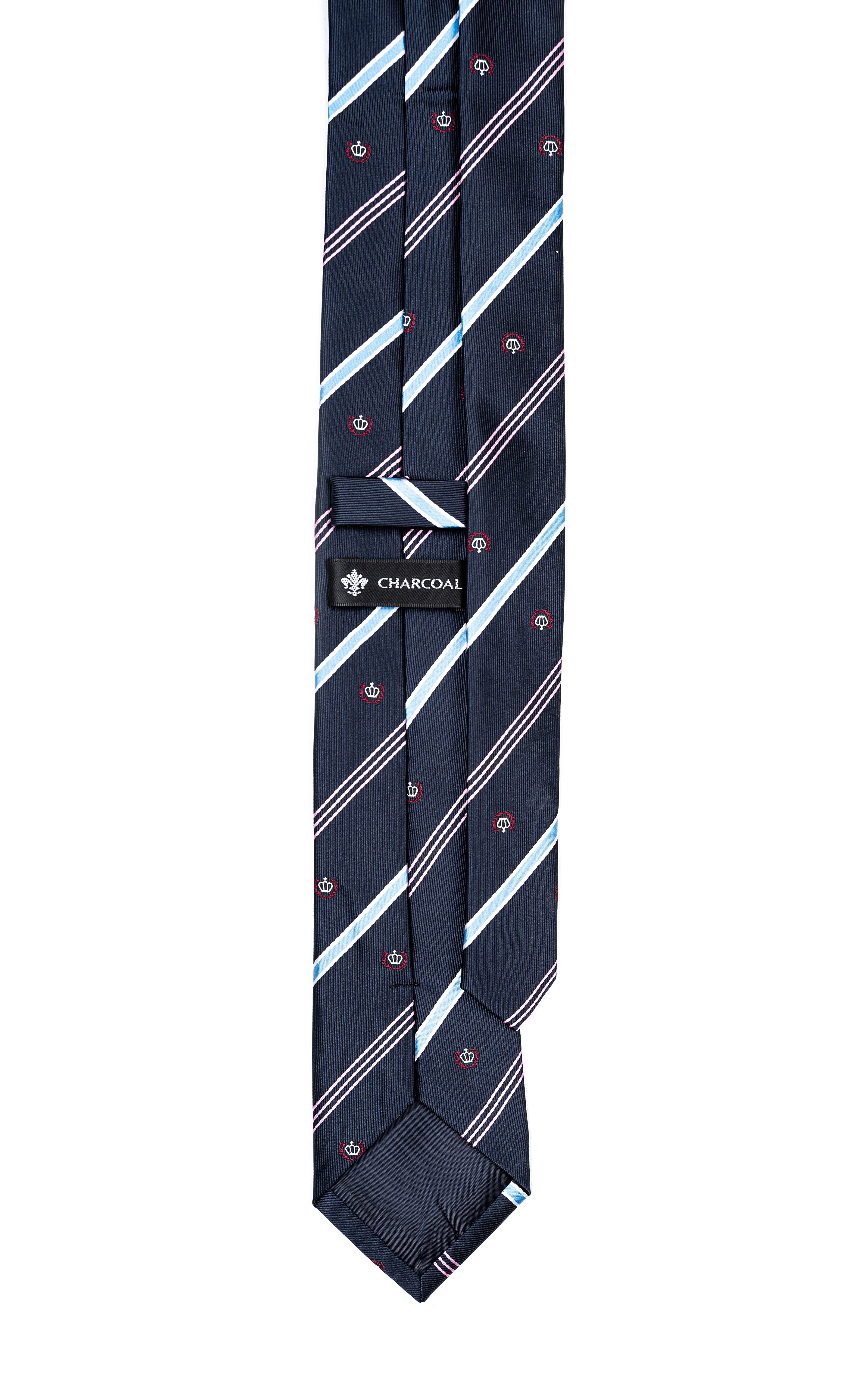 Poly silk tie, dark navy, folded style, with light blue diagonal stripes and red motifs