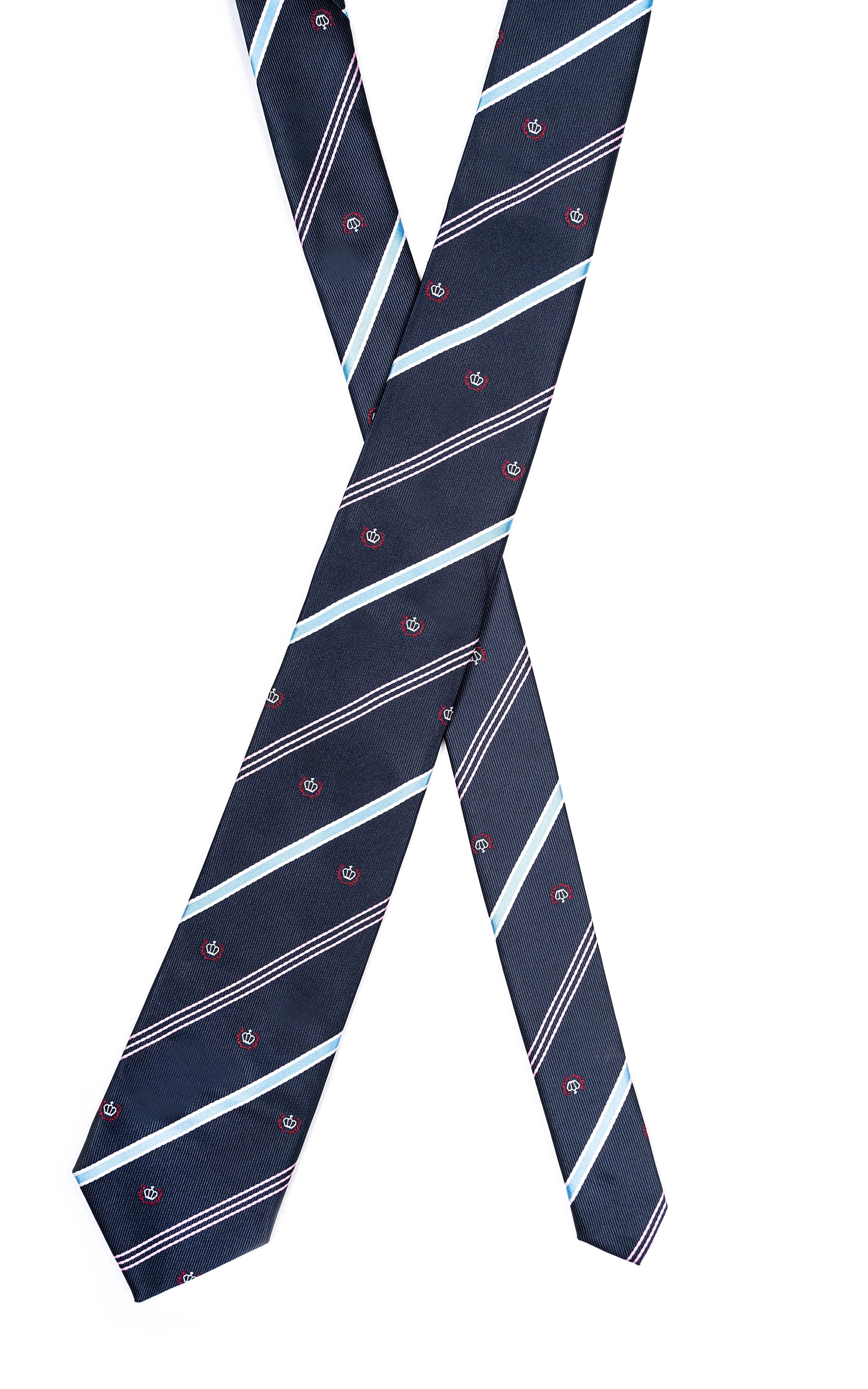 Poly silk tie, dark navy, with light blue diagonal stripe design and small red motifs