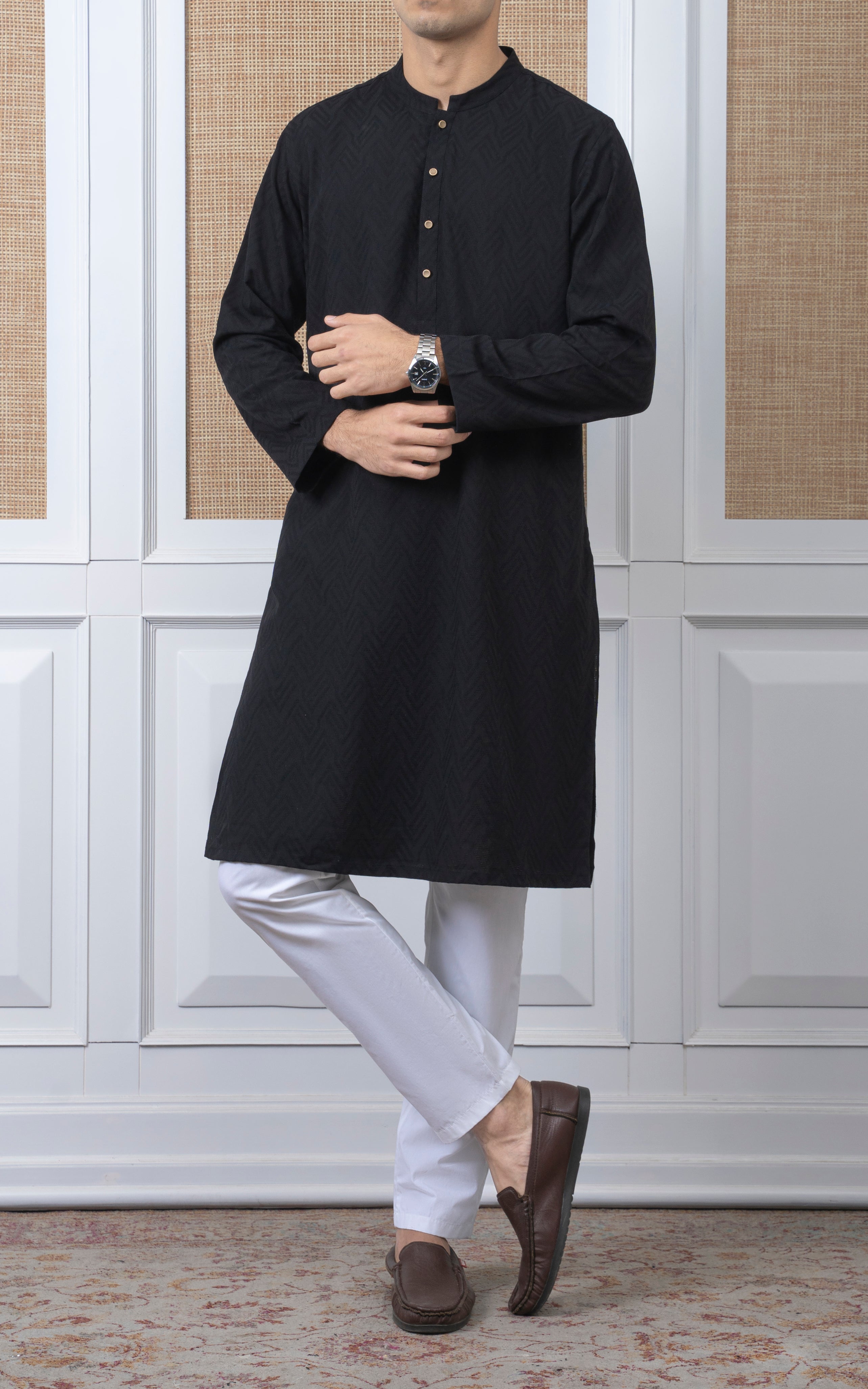 JACQUARD COTTON KURTA - SIGNATURE COLLECTION BLACK