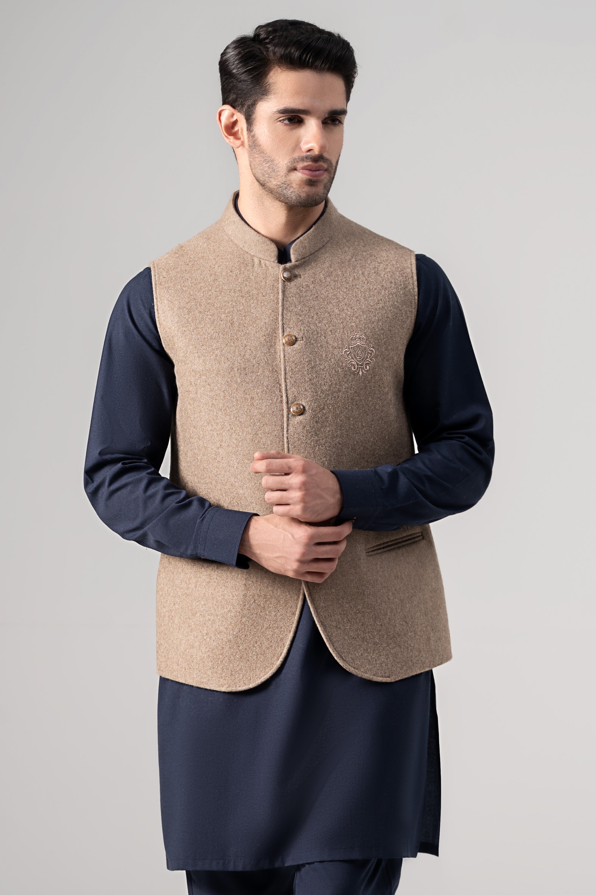 Embroidered Blended Woolen Waistcoat - SIGNATURE COLLECTION MID BROWN