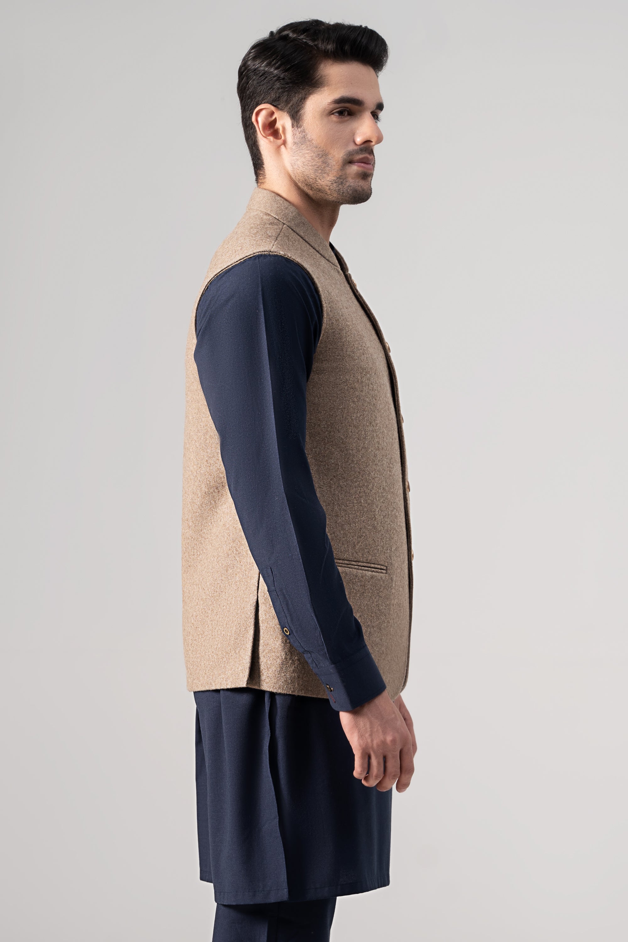 Embroidered Blended Woolen Waistcoat - SIGNATURE COLLECTION MID BROWN