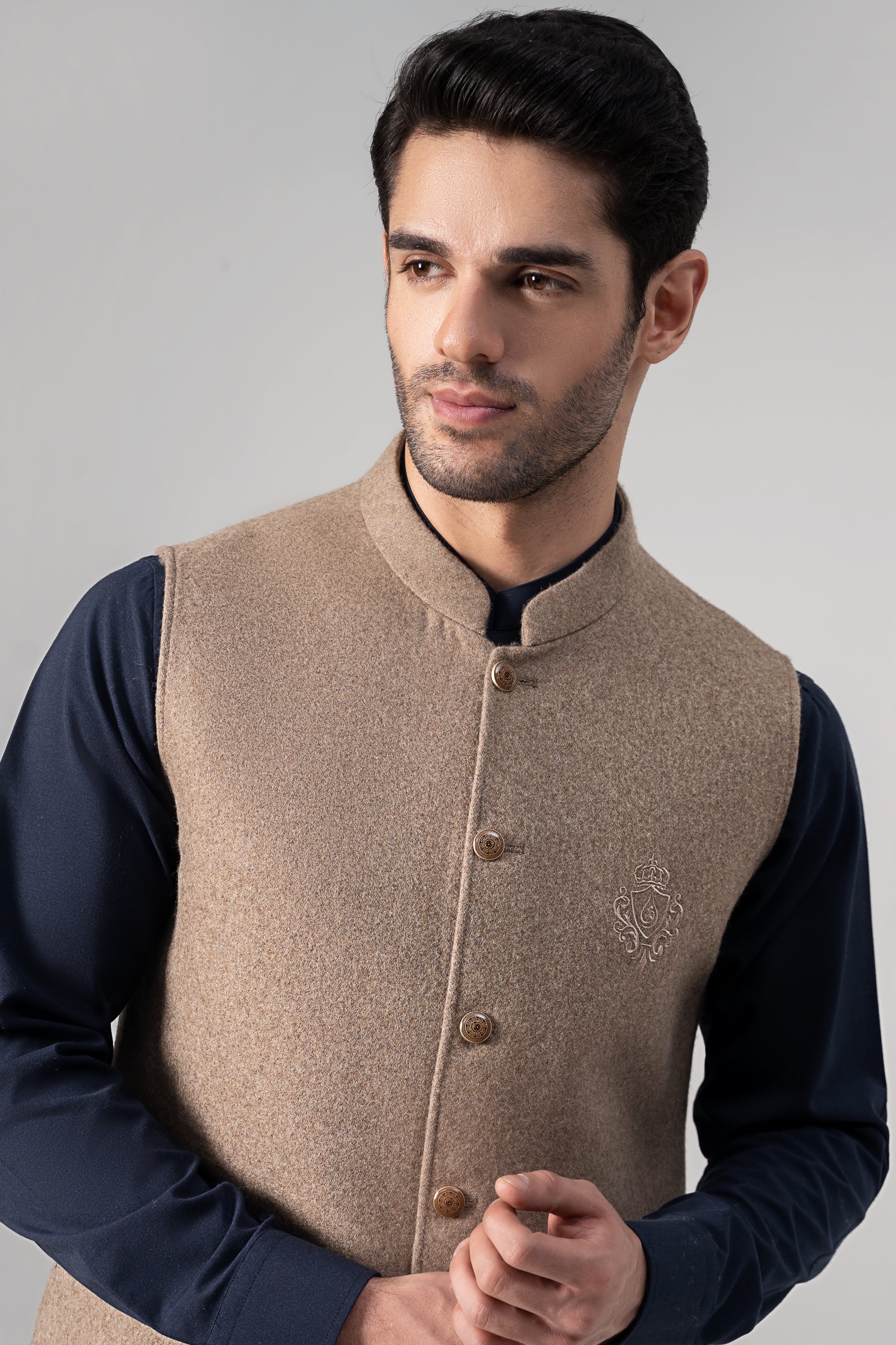Embroidered Blended Woolen Waistcoat - SIGNATURE COLLECTION MID BROWN