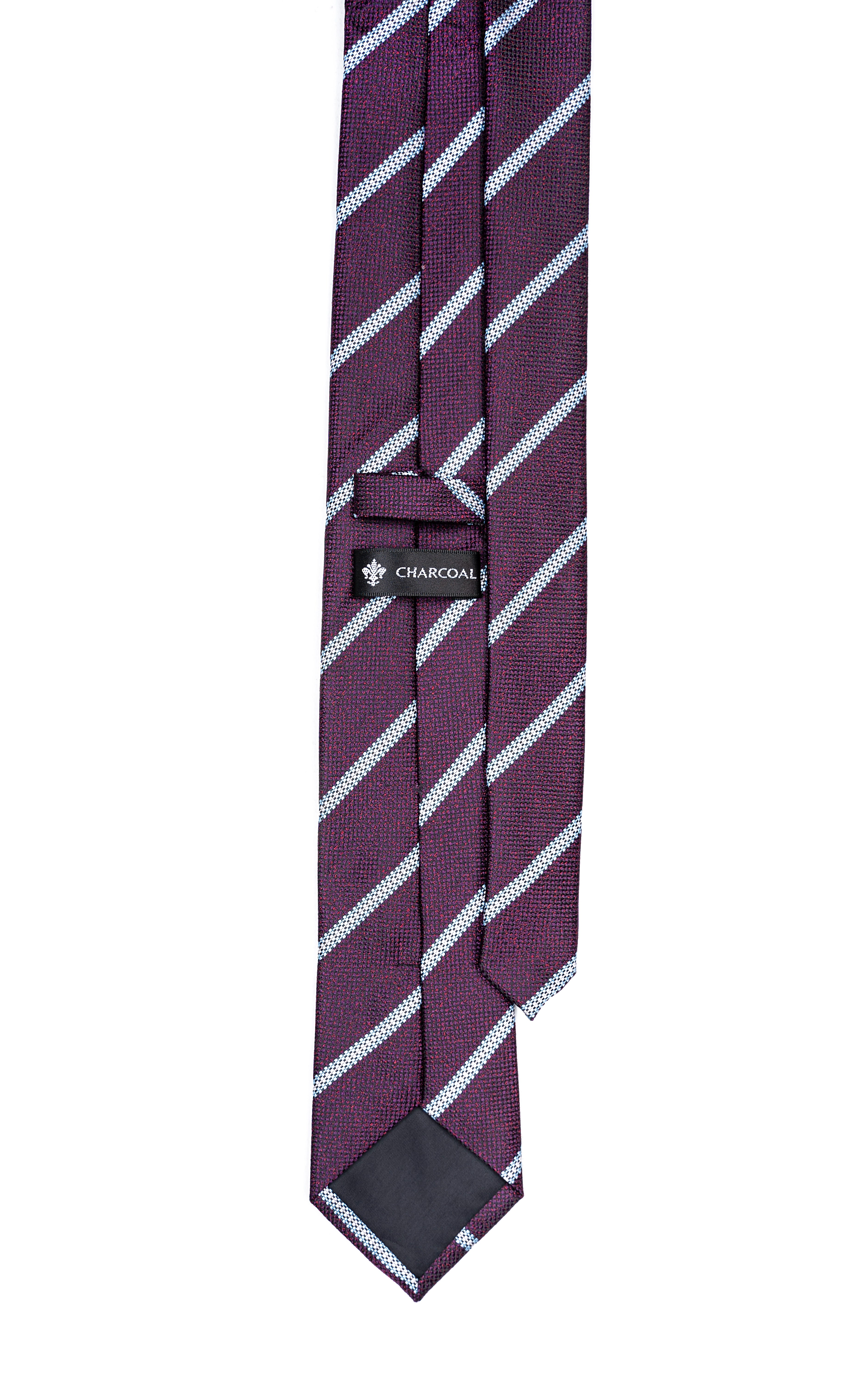 Poly silk tie with diagonal white stripes and visible folded end
