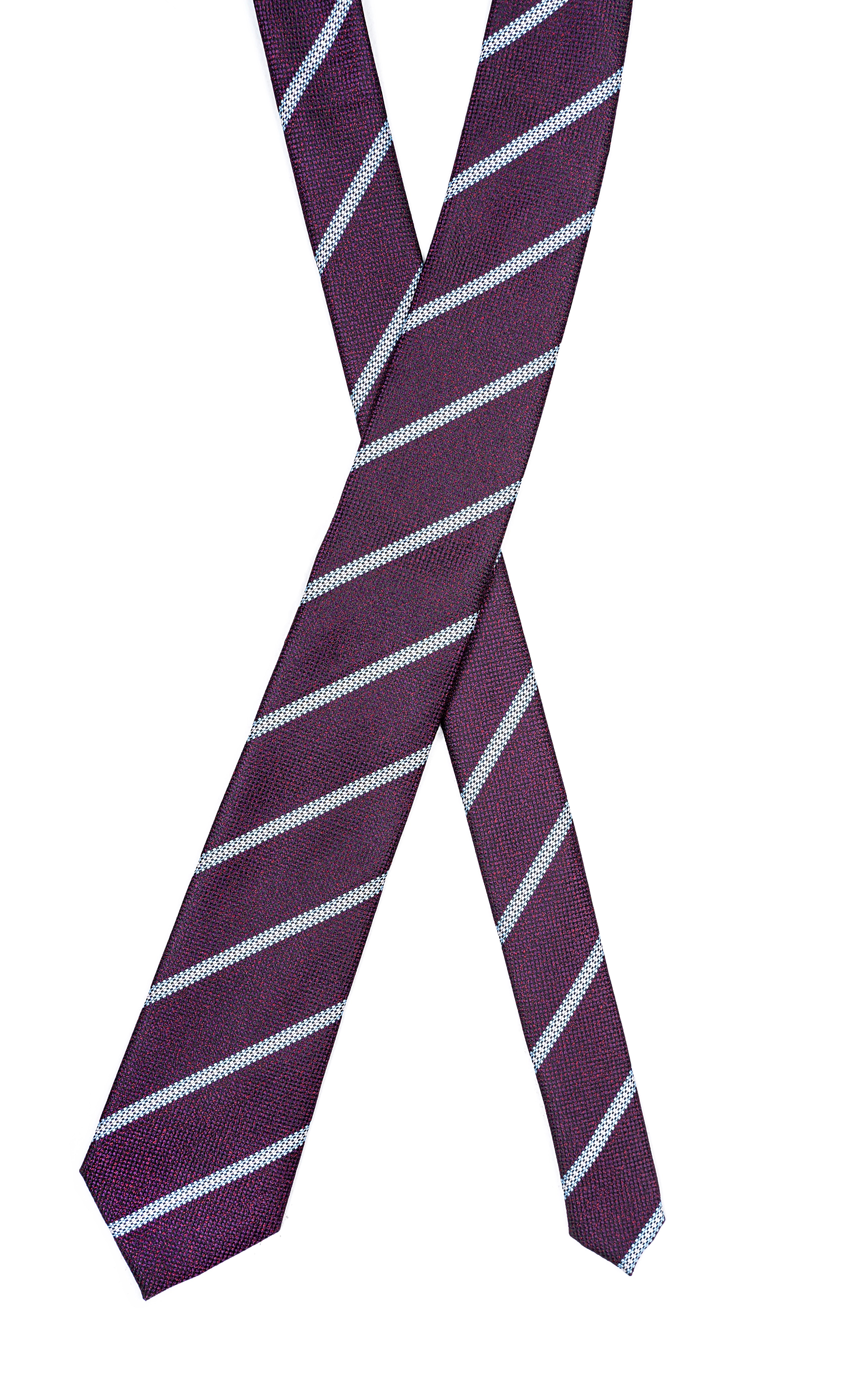 Poly silk tie, full length view, dark purple with diagonal white stripes