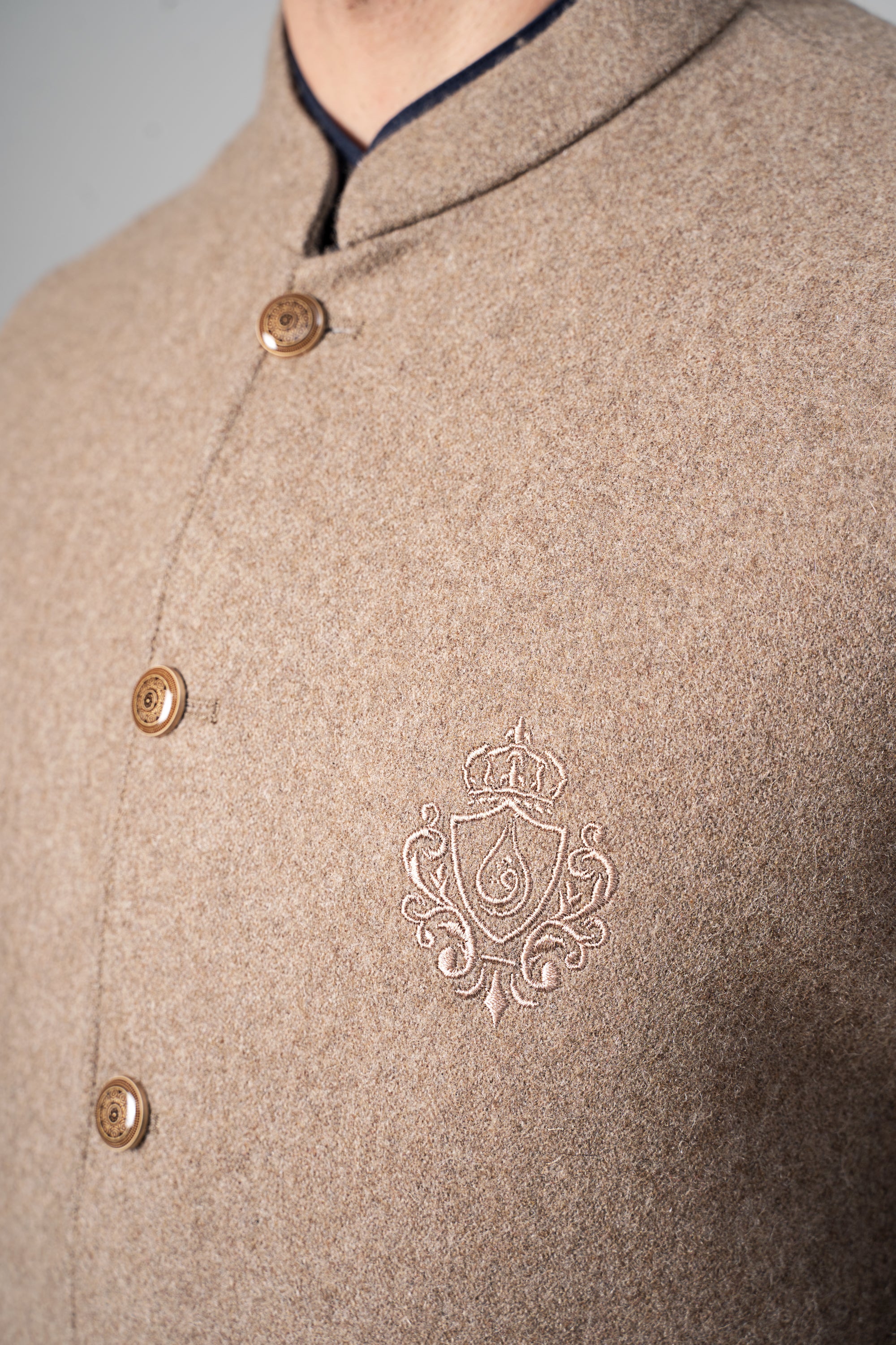 Embroidered Blended Woolen Waistcoat - SIGNATURE COLLECTION MID BROWN