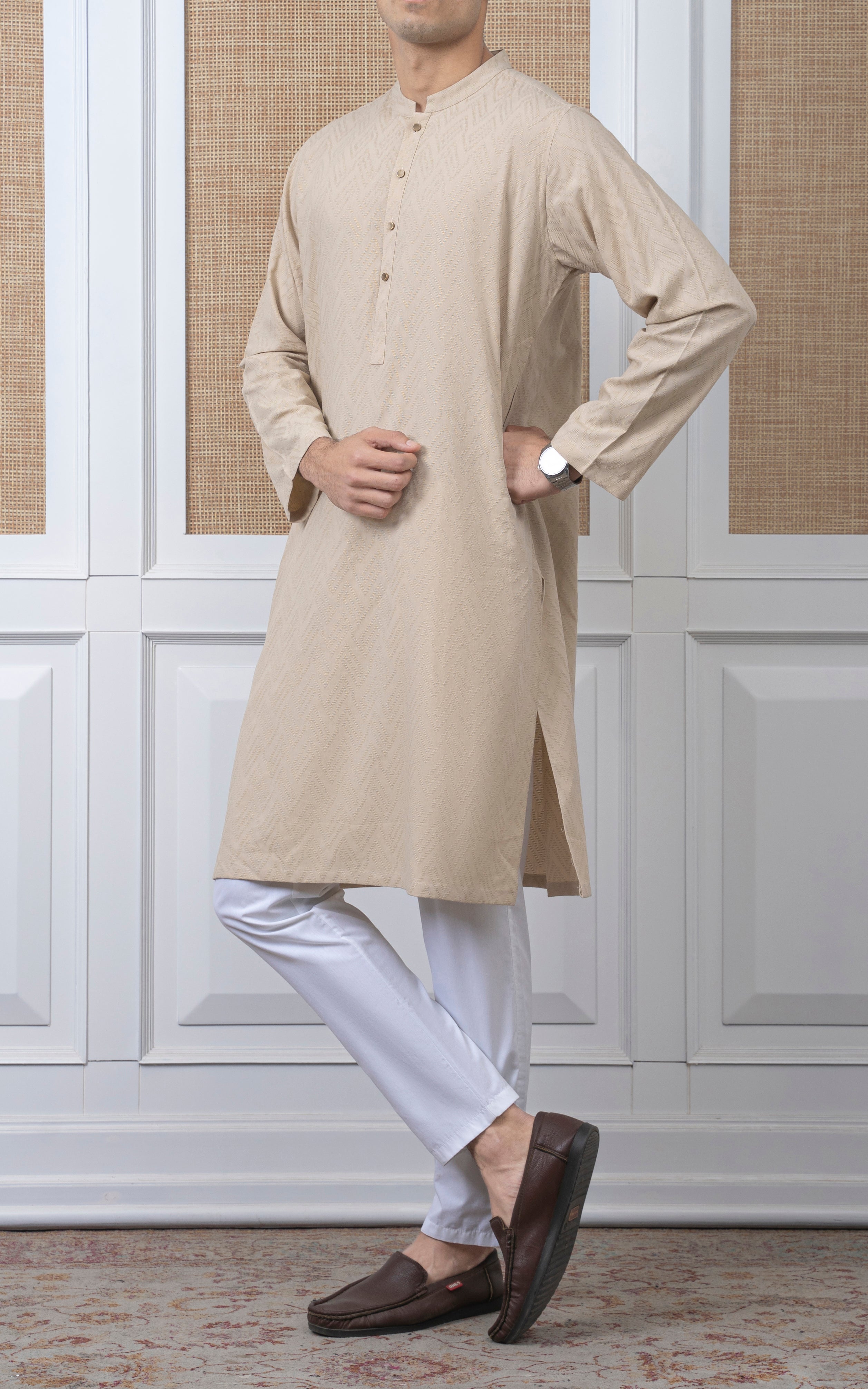 JACQUARD COTTON KURTA - SIGNATURE COLLECTION BEIGE