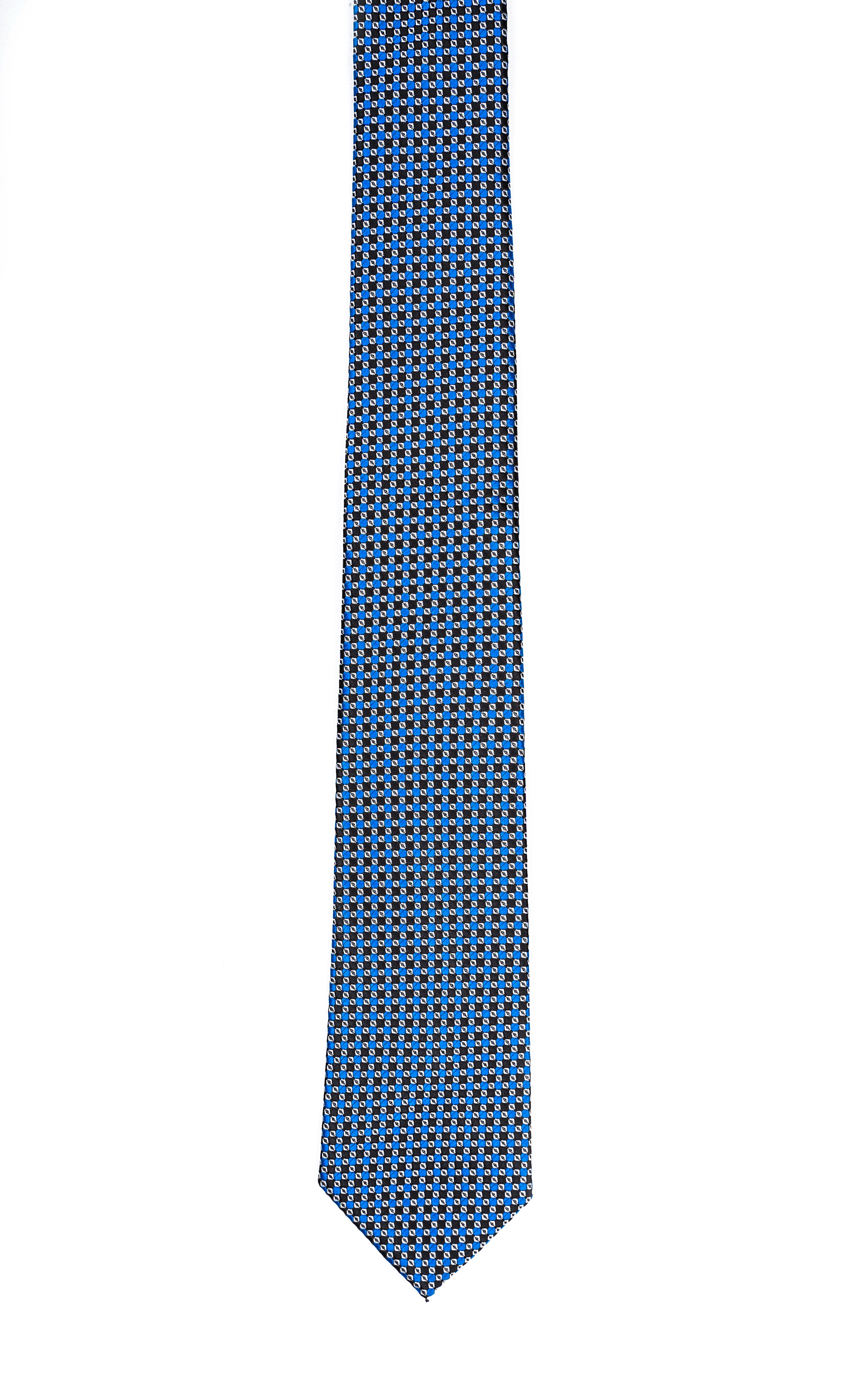 Blue poly silk tie with small geometric pattern and pointed tip