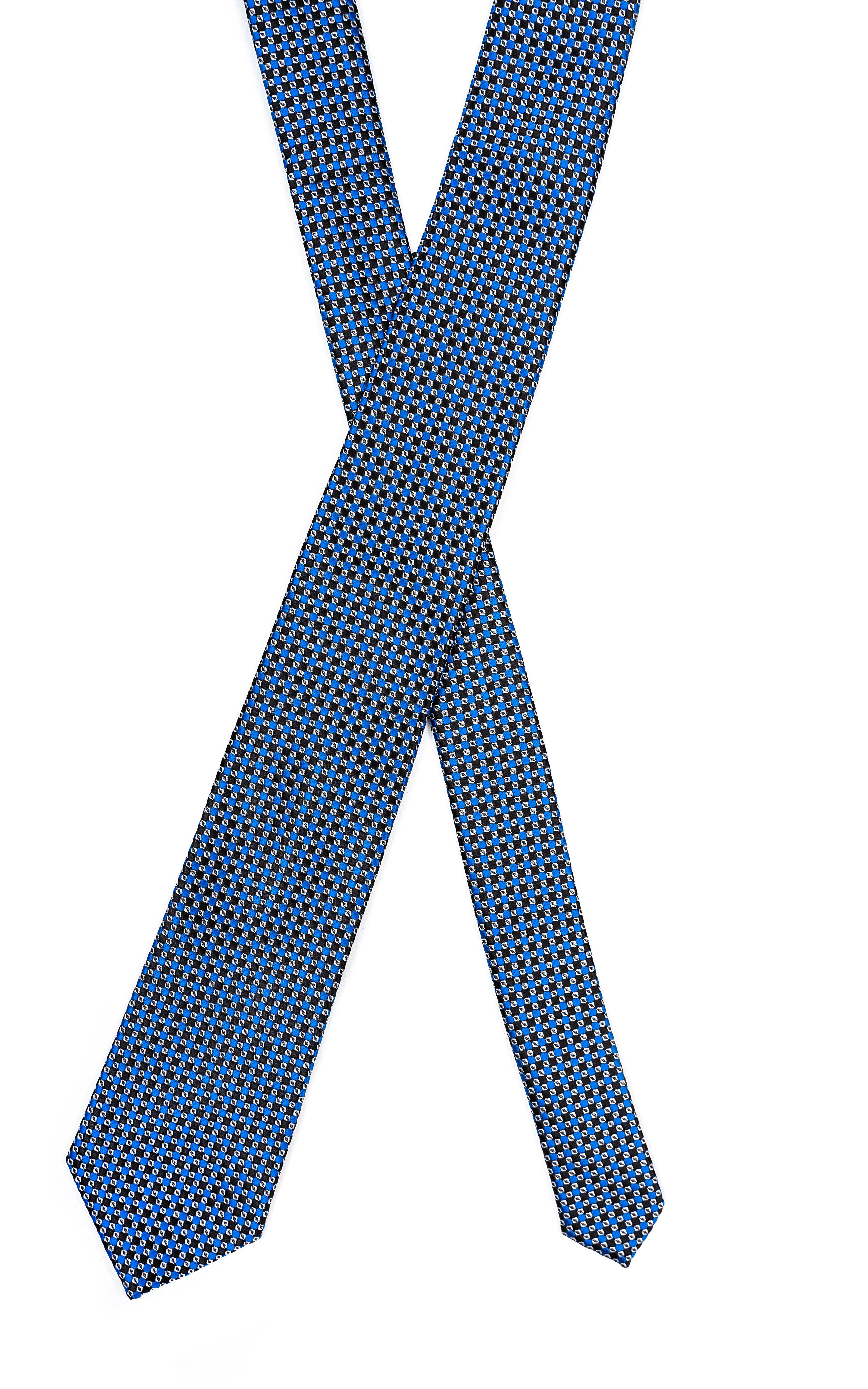 Blue poly silk tie with allover small geometric pattern, narrow ends
