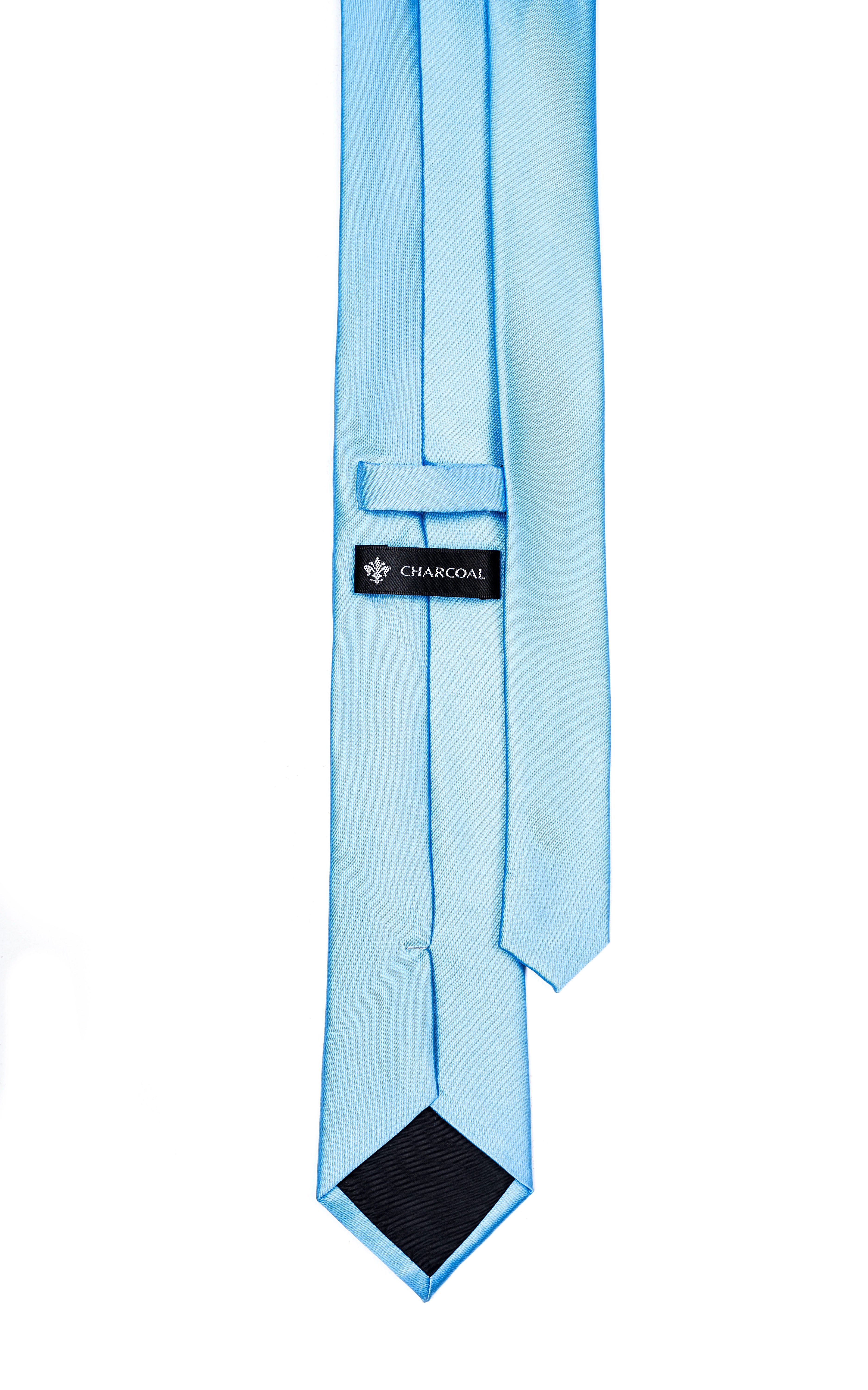 Light blue poly silk necktie with Charcoal label and dark inner tail