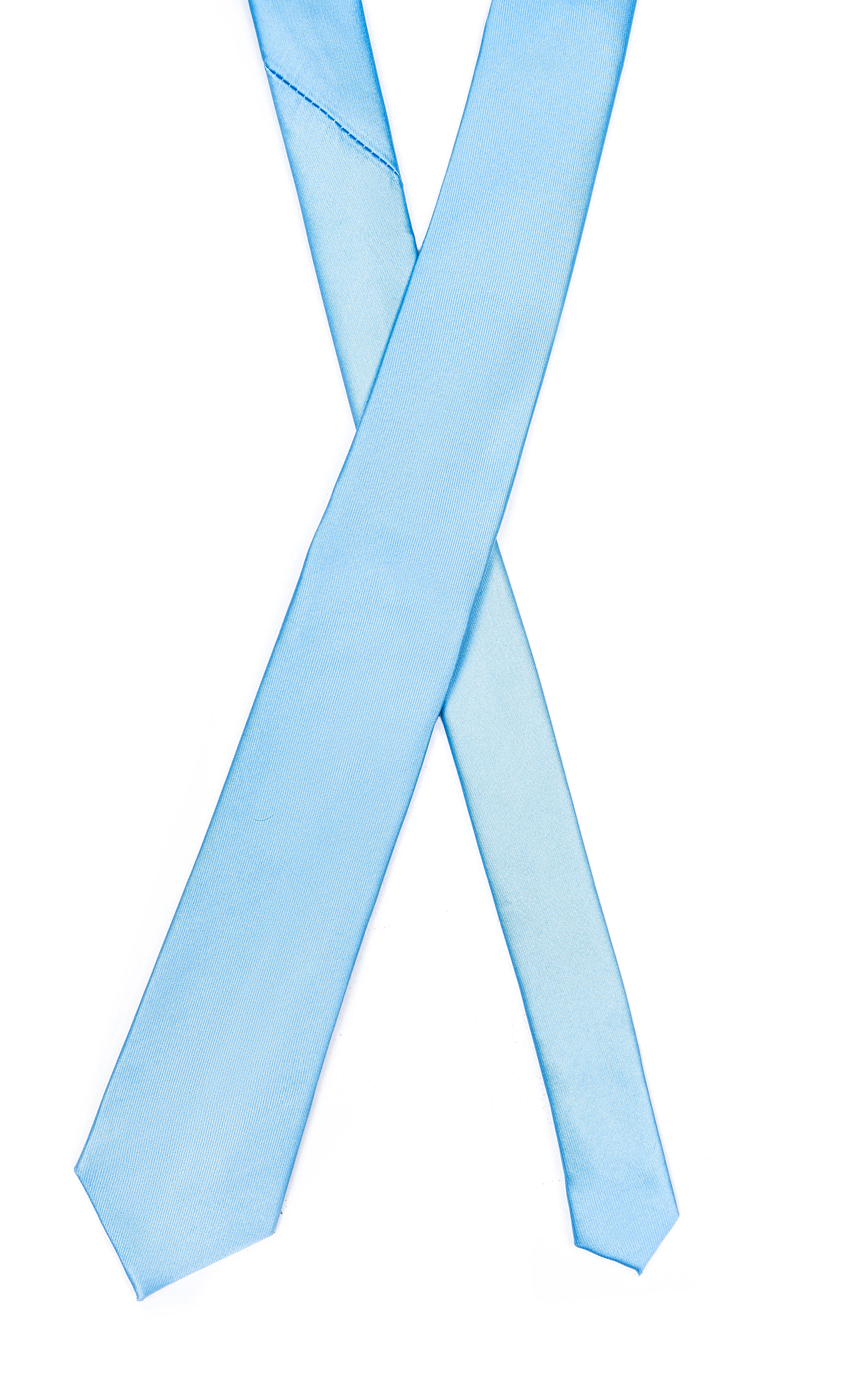 Light blue poly silk necktie, front view showing full length