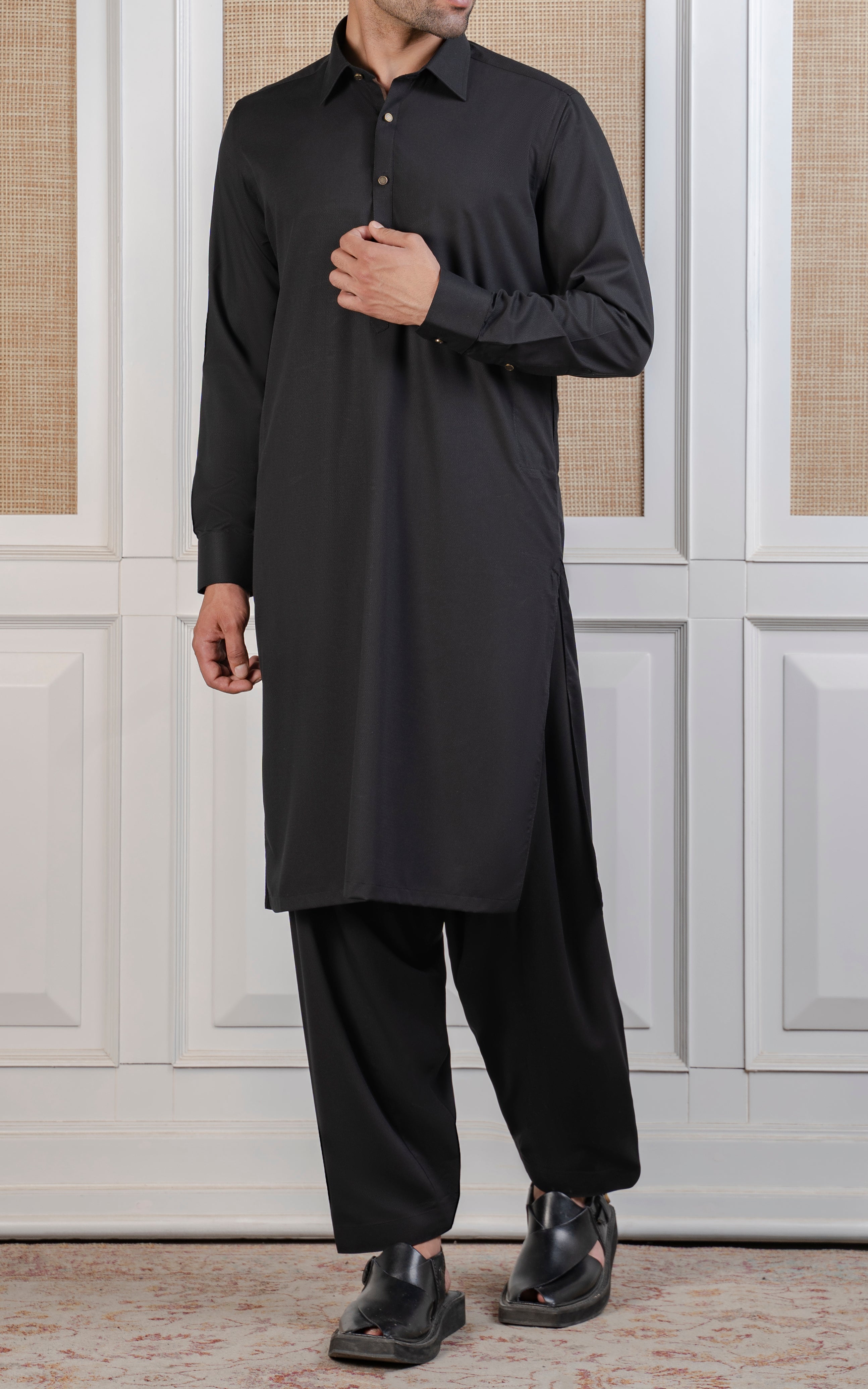TEXTURED BLENDED KAMEEZ SHALWAR - EXECUTIVE COLLECTION BLACK