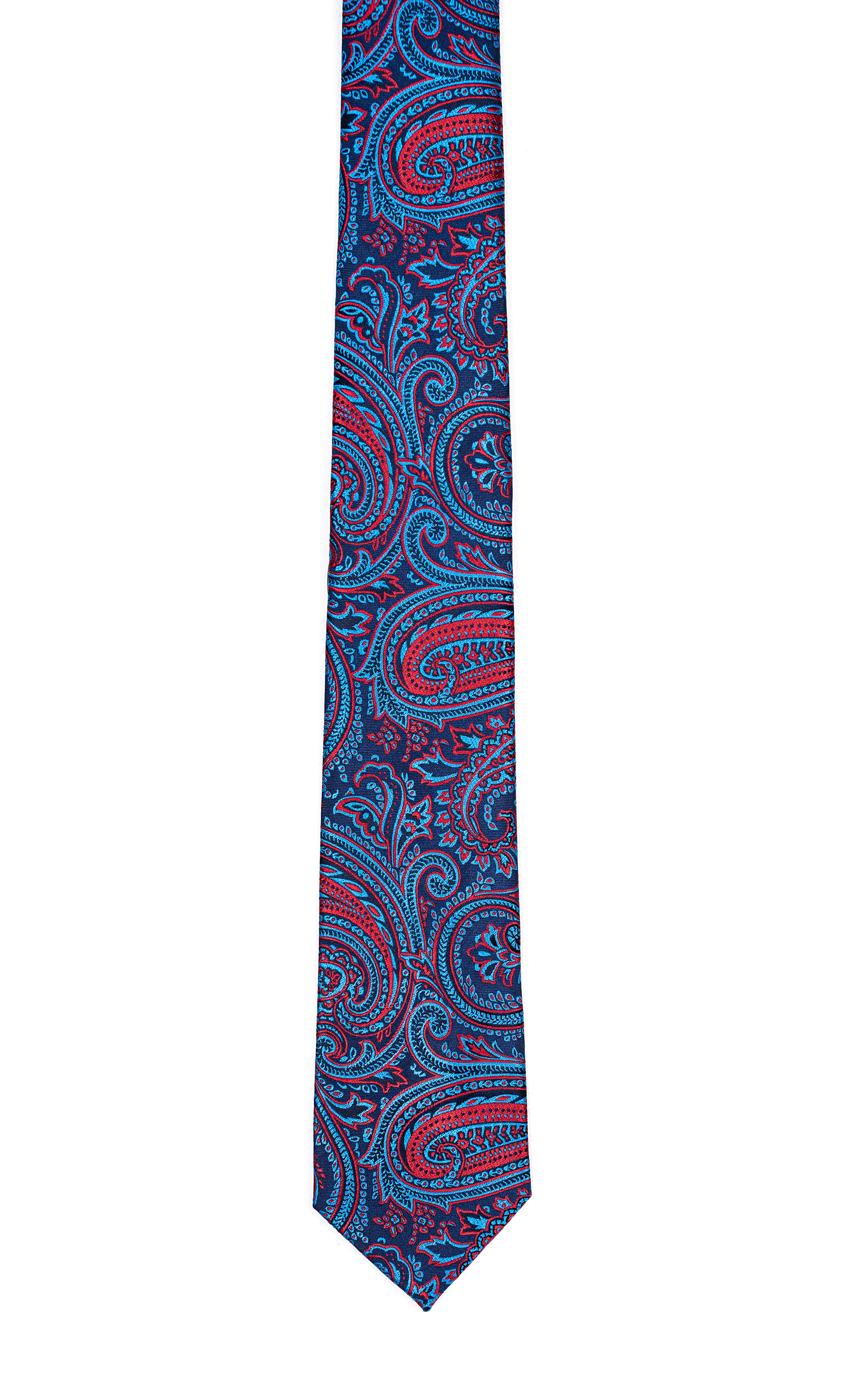 Poly silk tie with navy and teal paisley pattern, pointed end