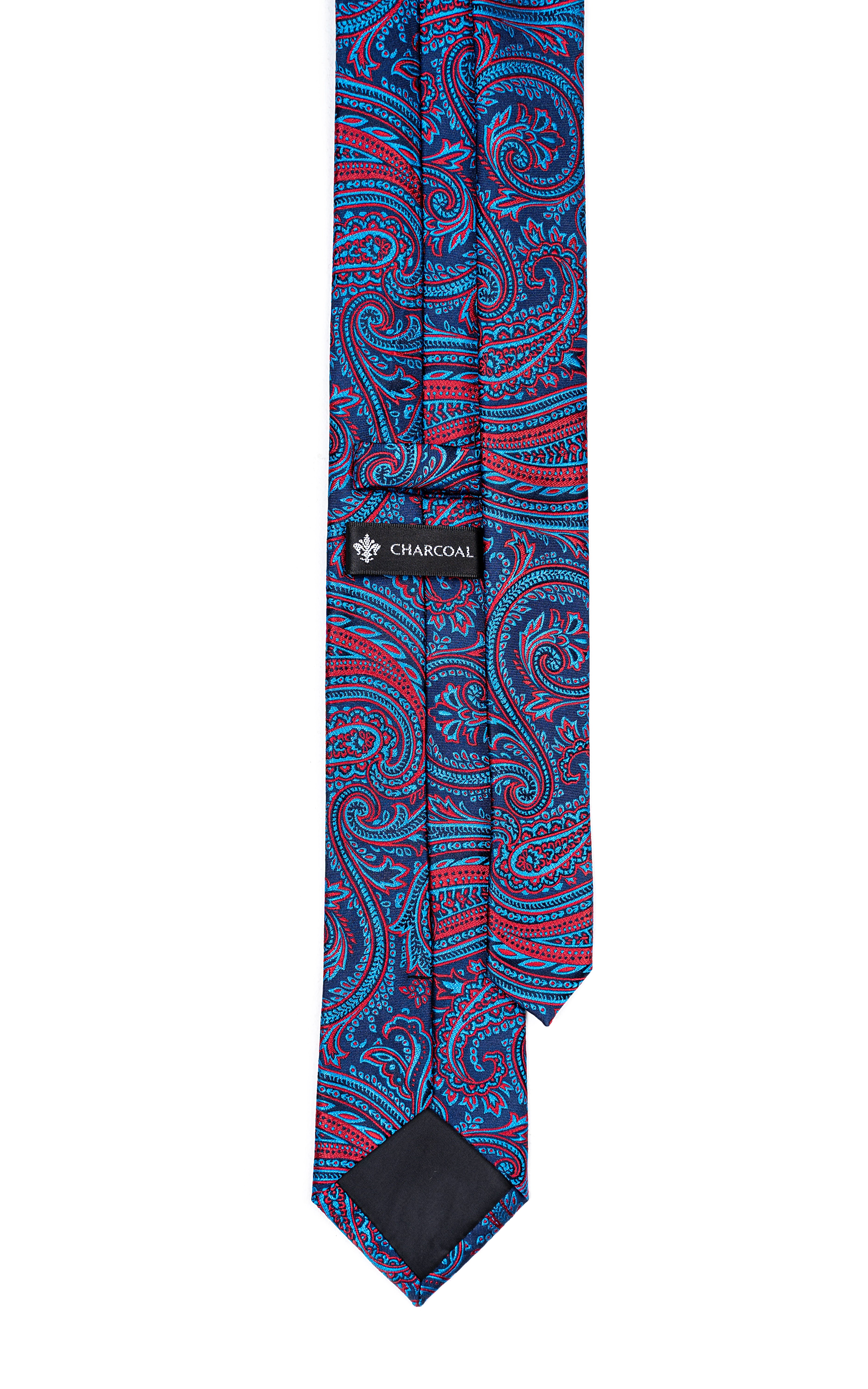 Poly silk tie with navy and teal paisley, charcoal keeper label, pointed end
