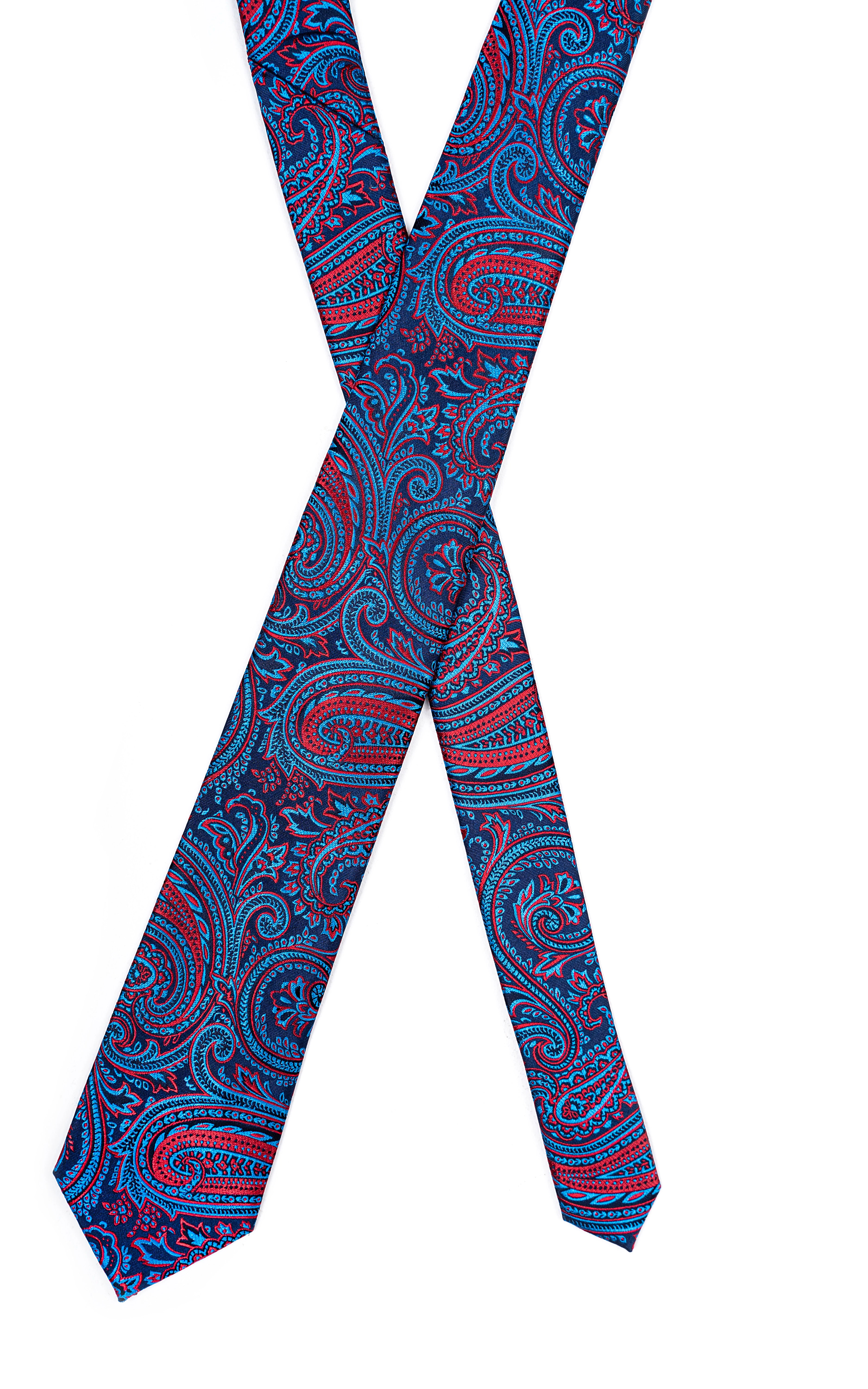 Poly silk tie with navy and teal paisley print, wide looped view