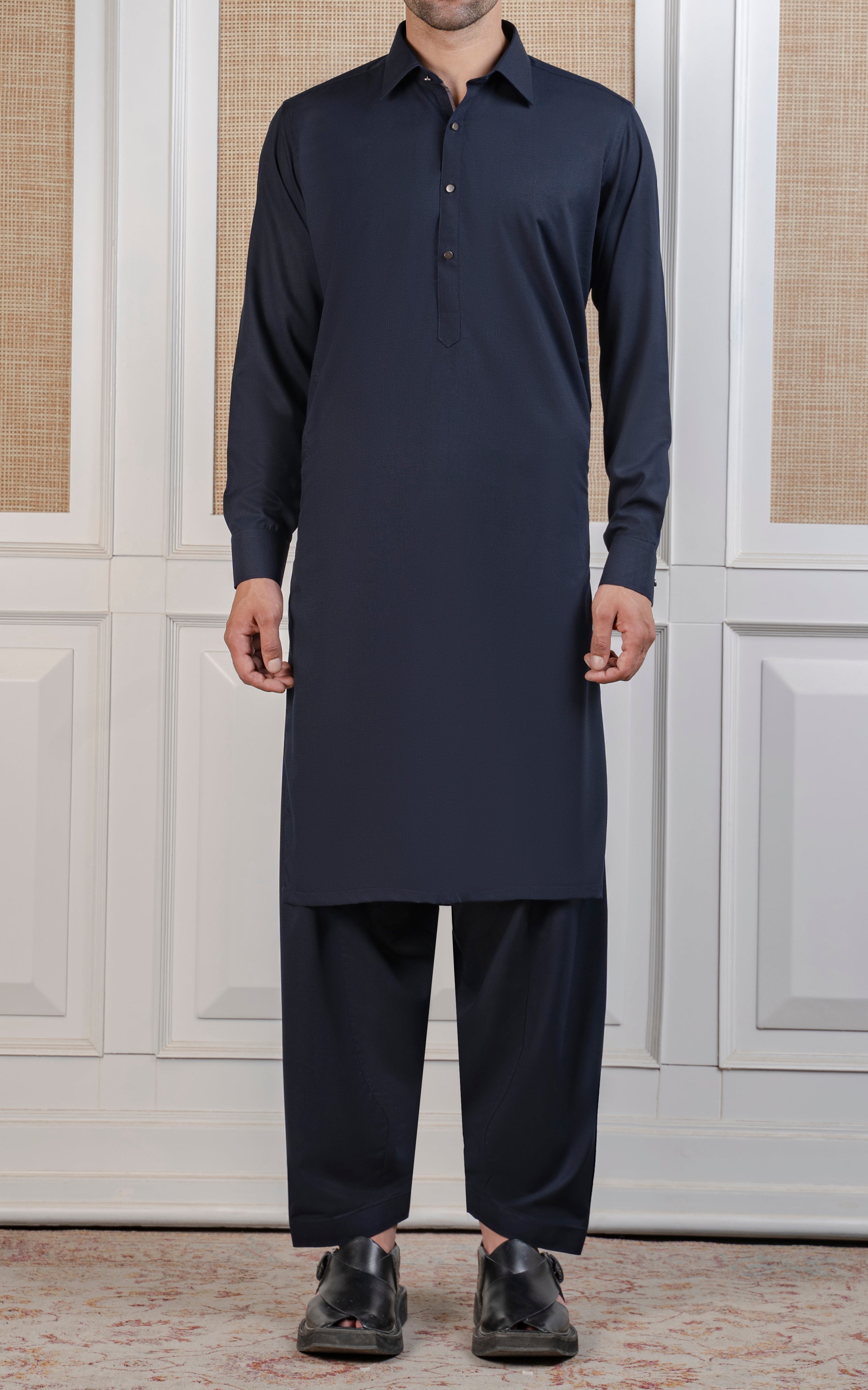 TEXTURED BLENDED KAMEEZ SHALWAR - EXECUTIVE COLLECTION NAVY