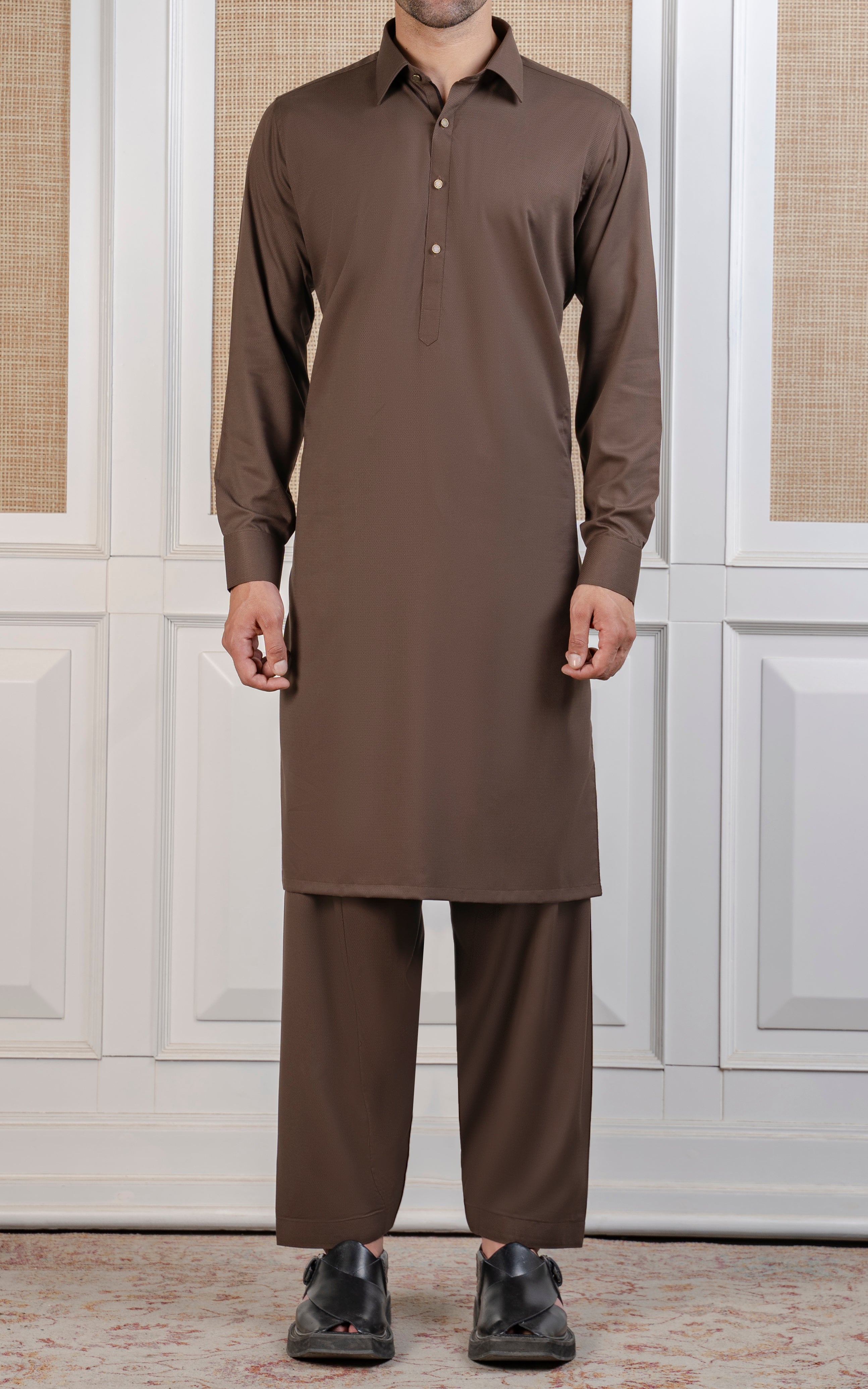 TEXTURED BLENDED KAMEEZ SHALWAR - EXECUTIVE COLLECTION MID BROWN