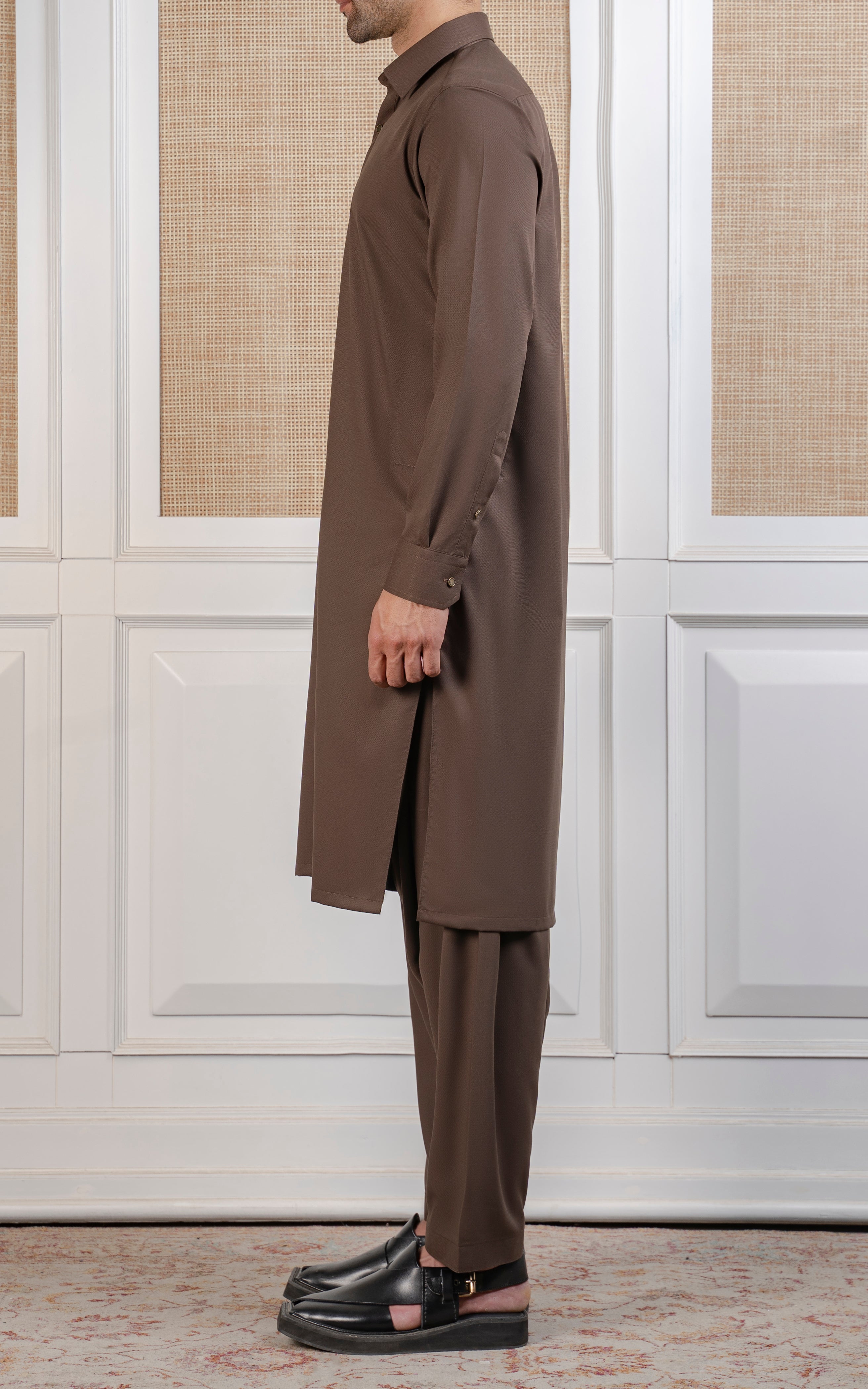 TEXTURED BLENDED KAMEEZ SHALWAR - EXECUTIVE COLLECTION MID BROWN