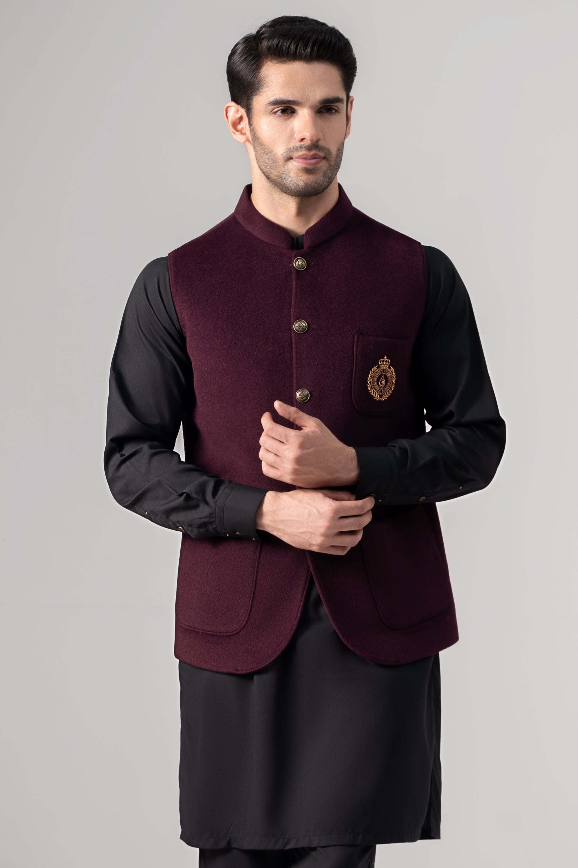 Embroidered Blended Woolen Waistcoat plum
