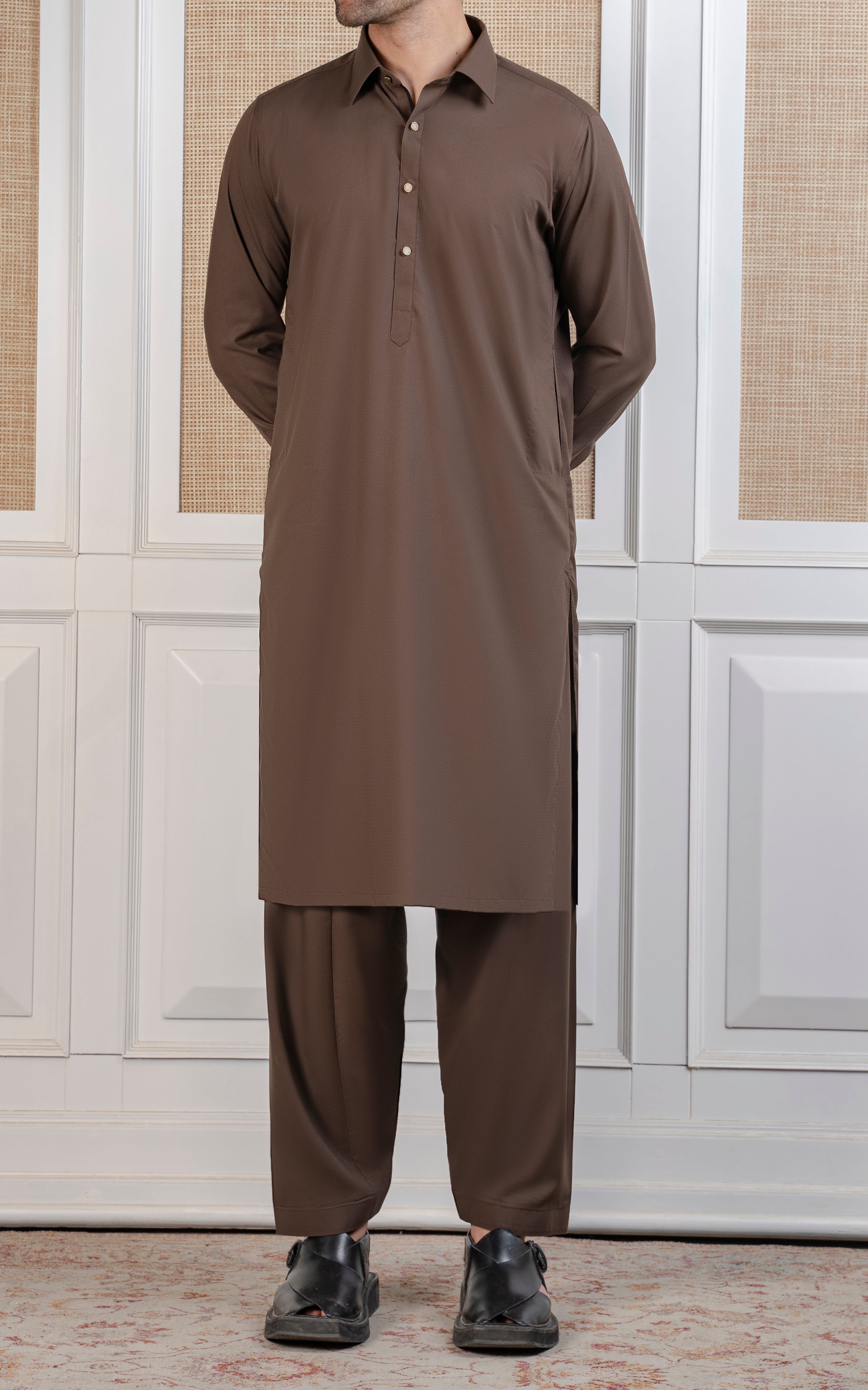 TEXTURED BLENDED KAMEEZ SHALWAR - EXECUTIVE COLLECTION MID BROWN