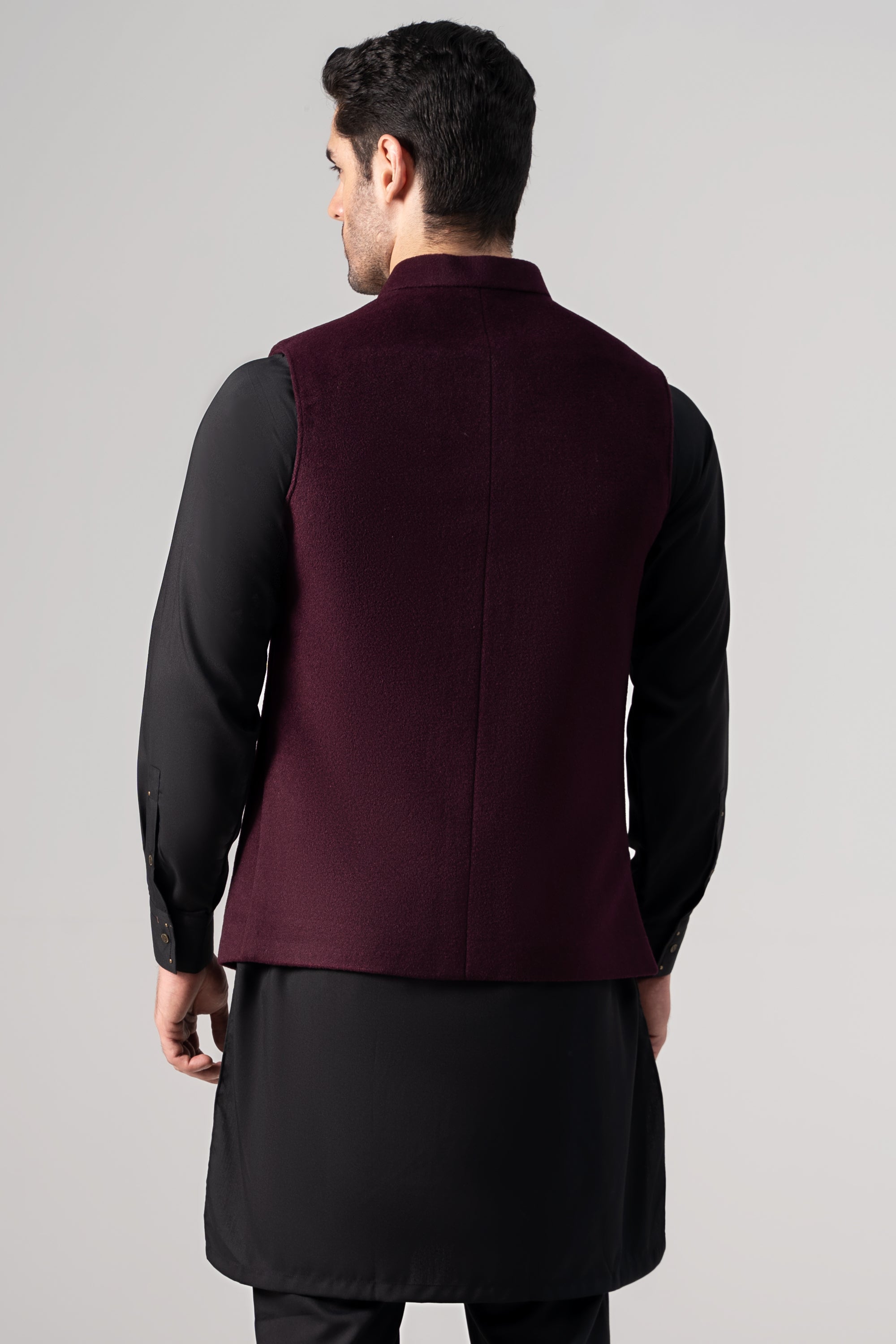 Embroidered Blended Woolen Waistcoat plum