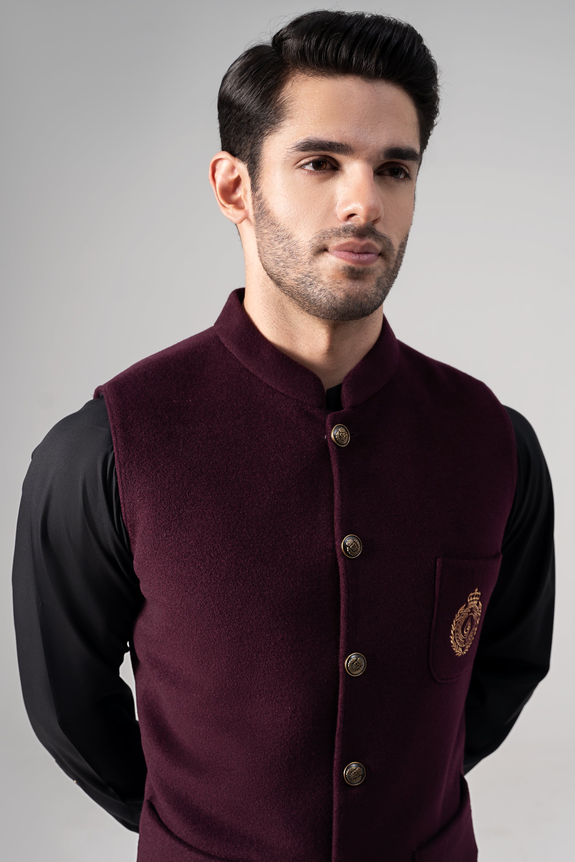 Embroidered Blended Woolen Waistcoat plum