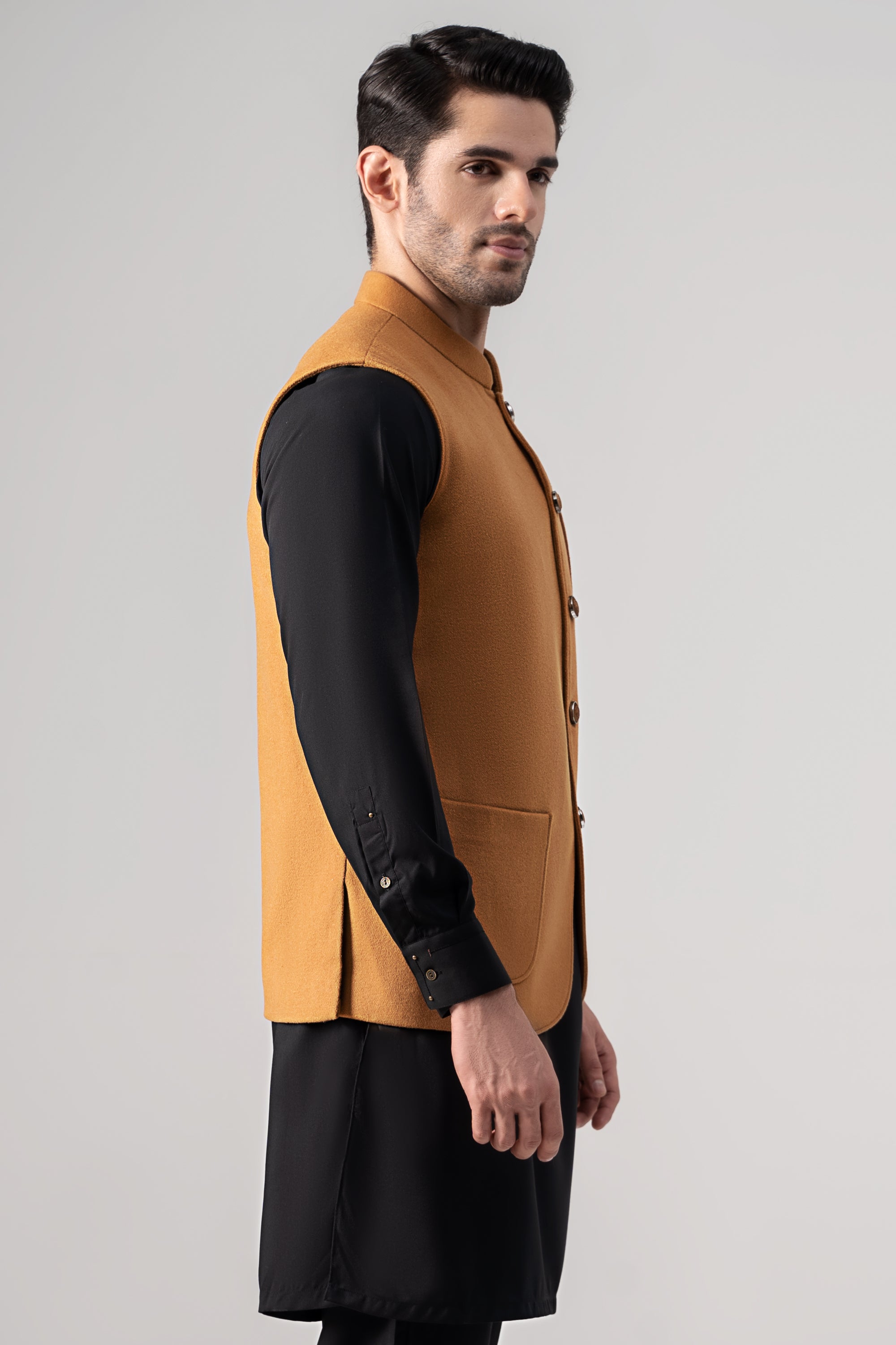 Embroidered Blended Woolen Waistcoat Mustard