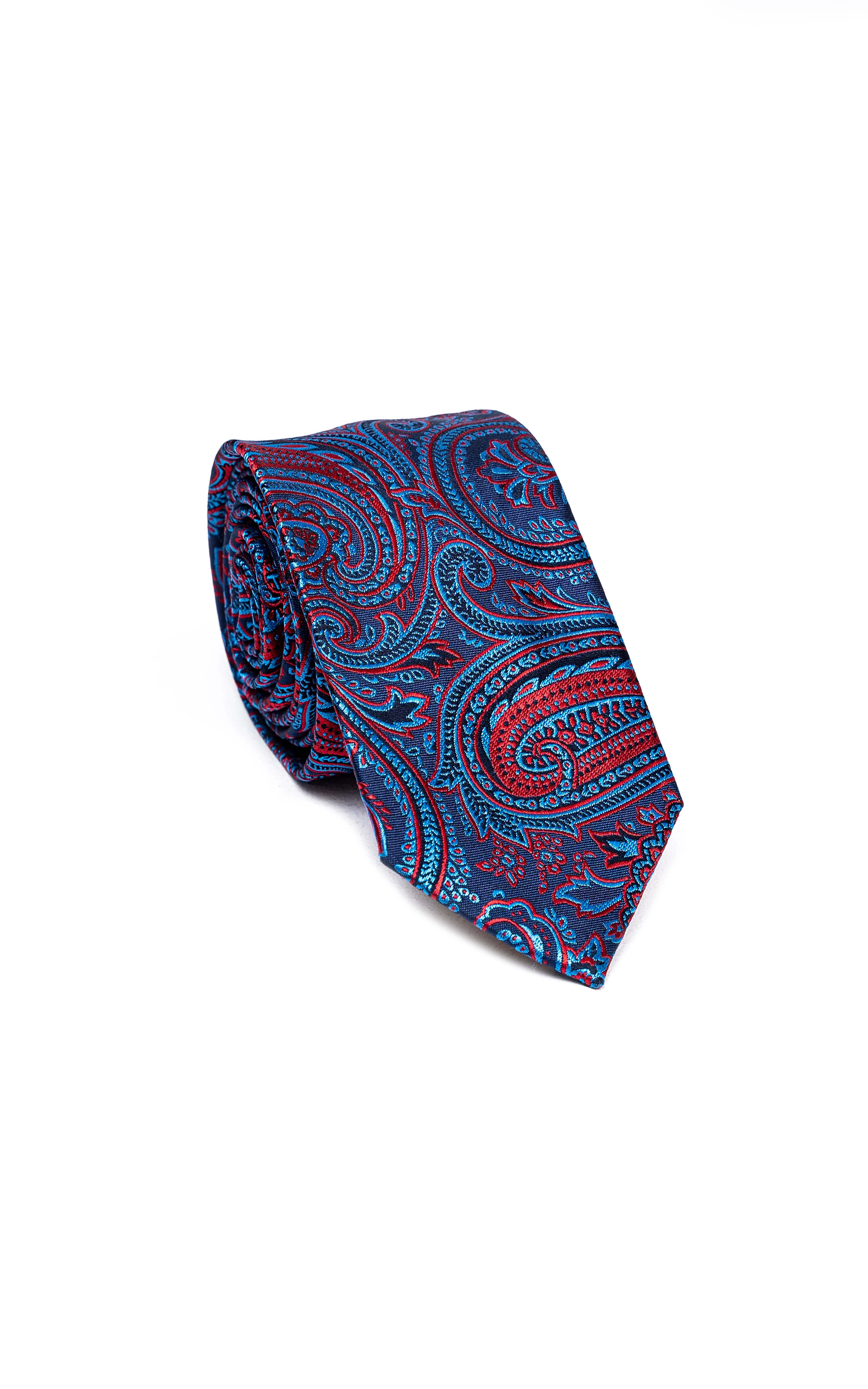 Poly silk tie with navy and teal paisley pattern, draped with pointed tip