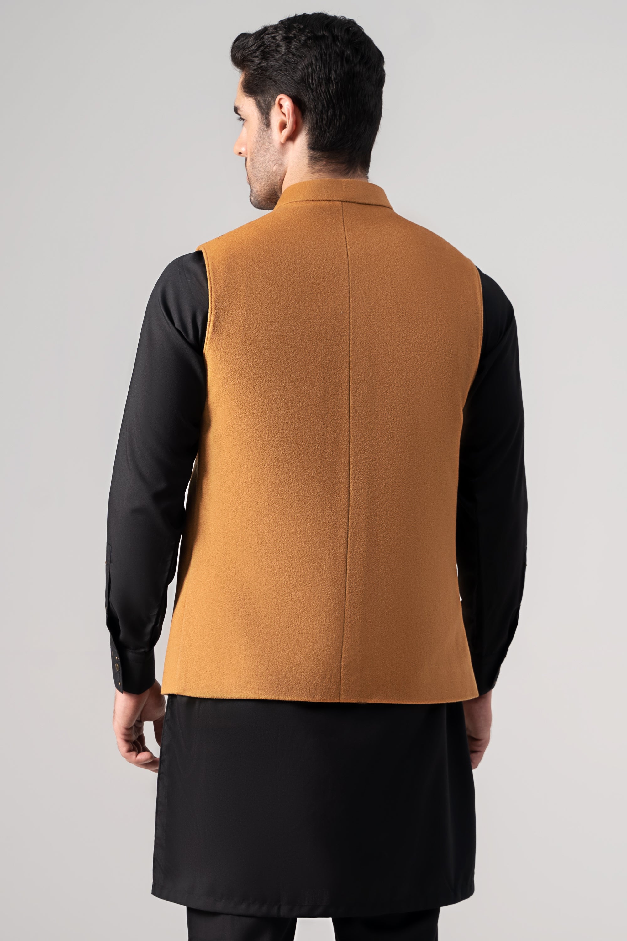 Embroidered Blended Woolen Waistcoat Mustard