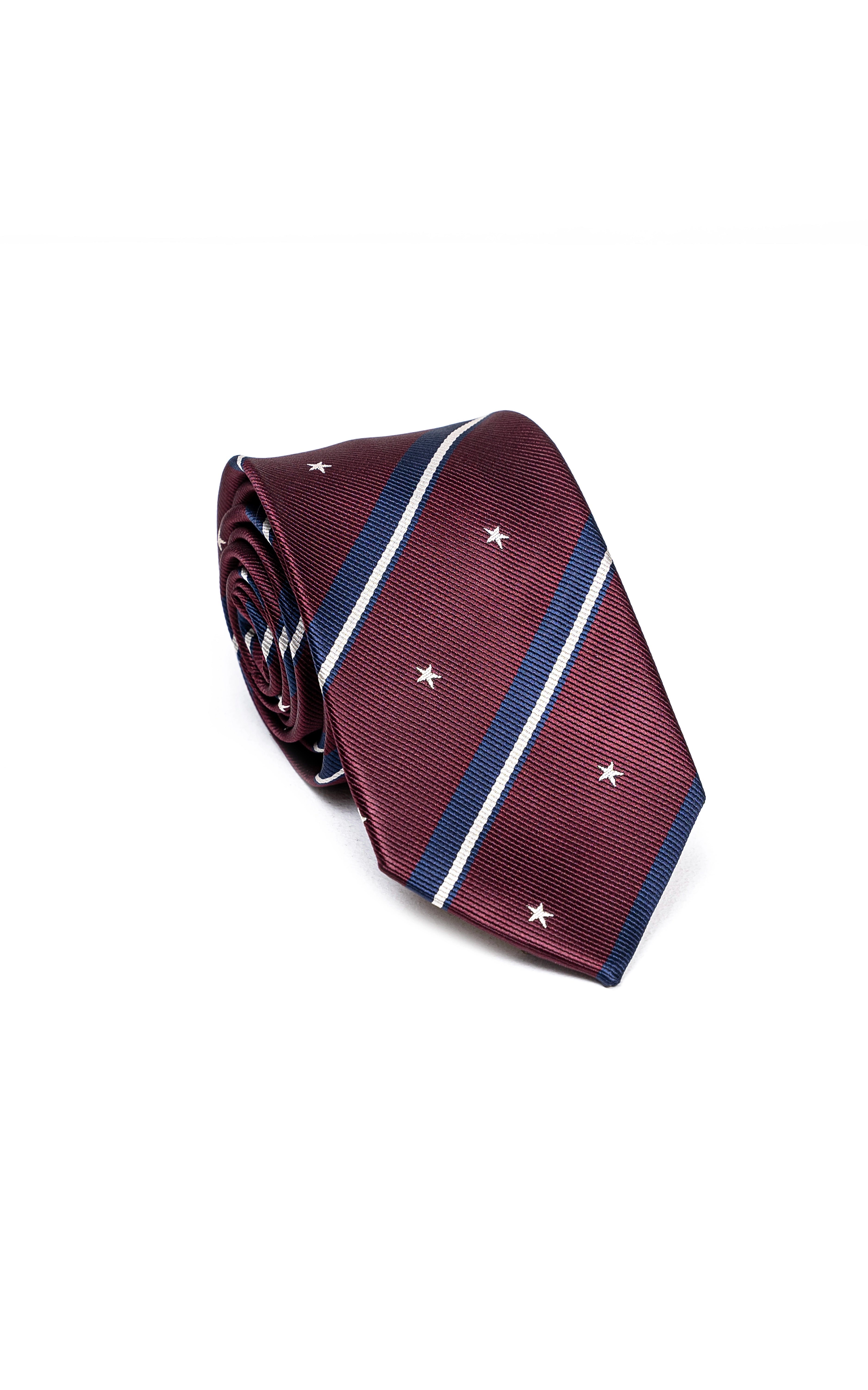 Poly silk tie in dark maroon with navy diagonal stripes and small star print