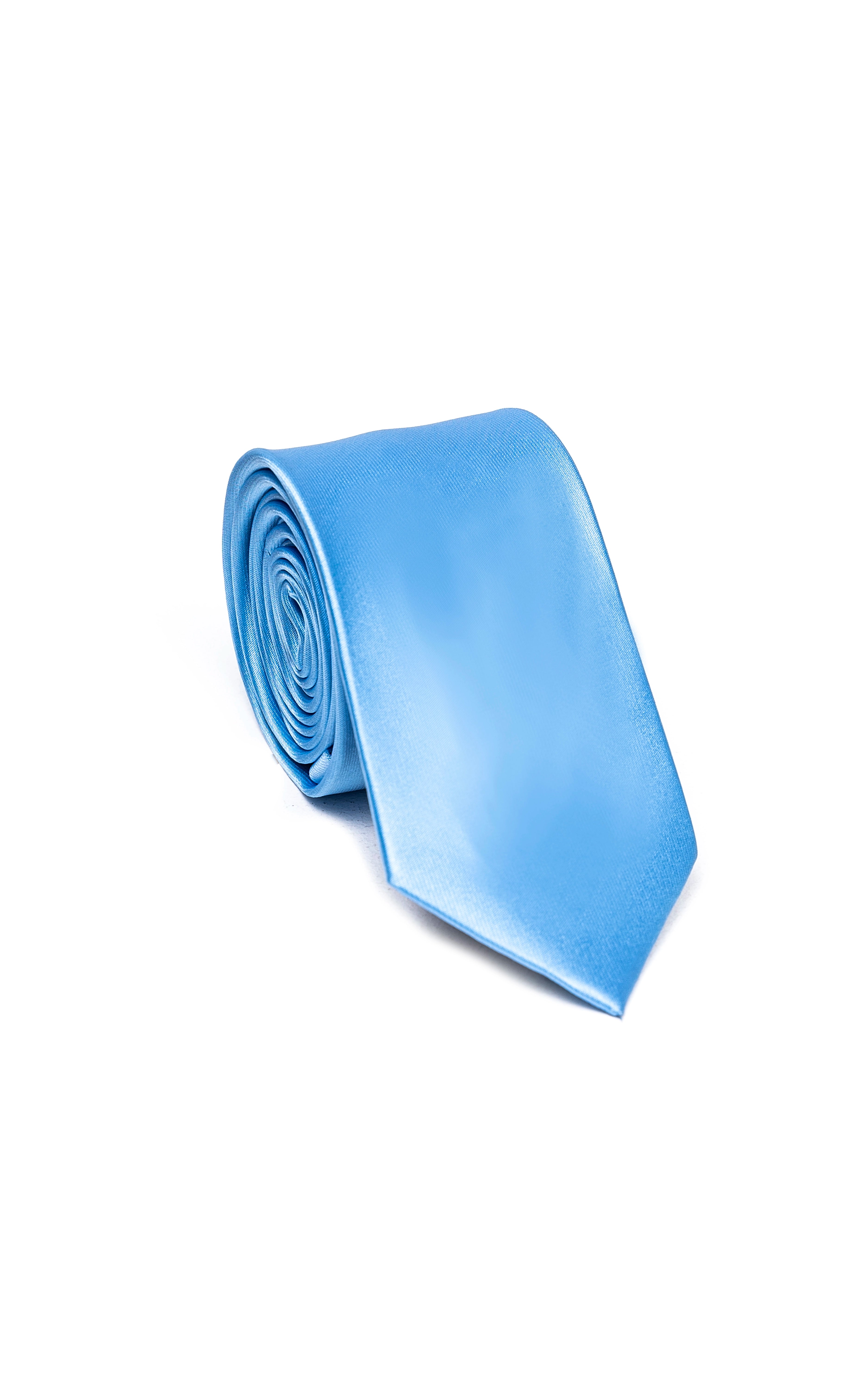 Light blue poly silk necktie rolled bundle, smooth woven texture