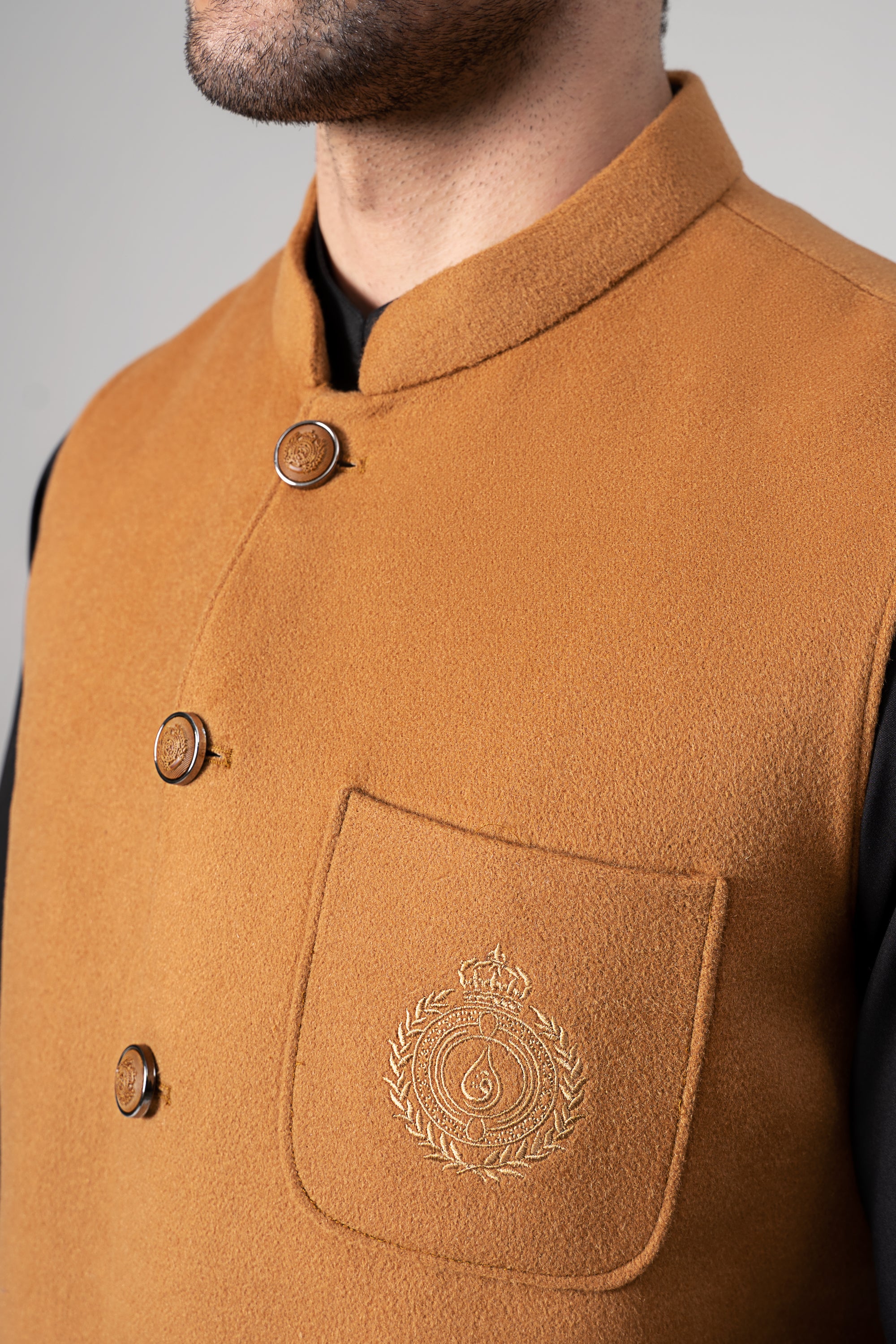 Embroidered Blended Woolen Waistcoat Mustard