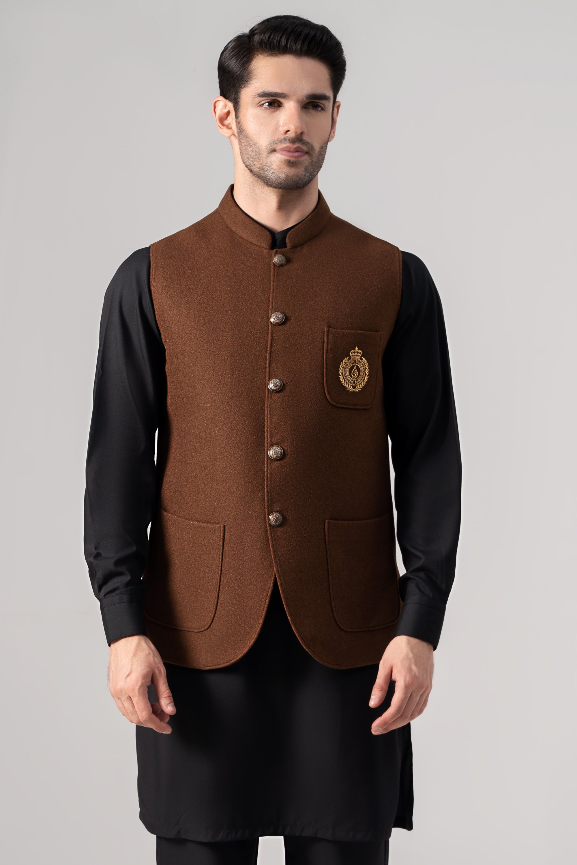 Embroidered Blended Woolen Waistcoat coffee