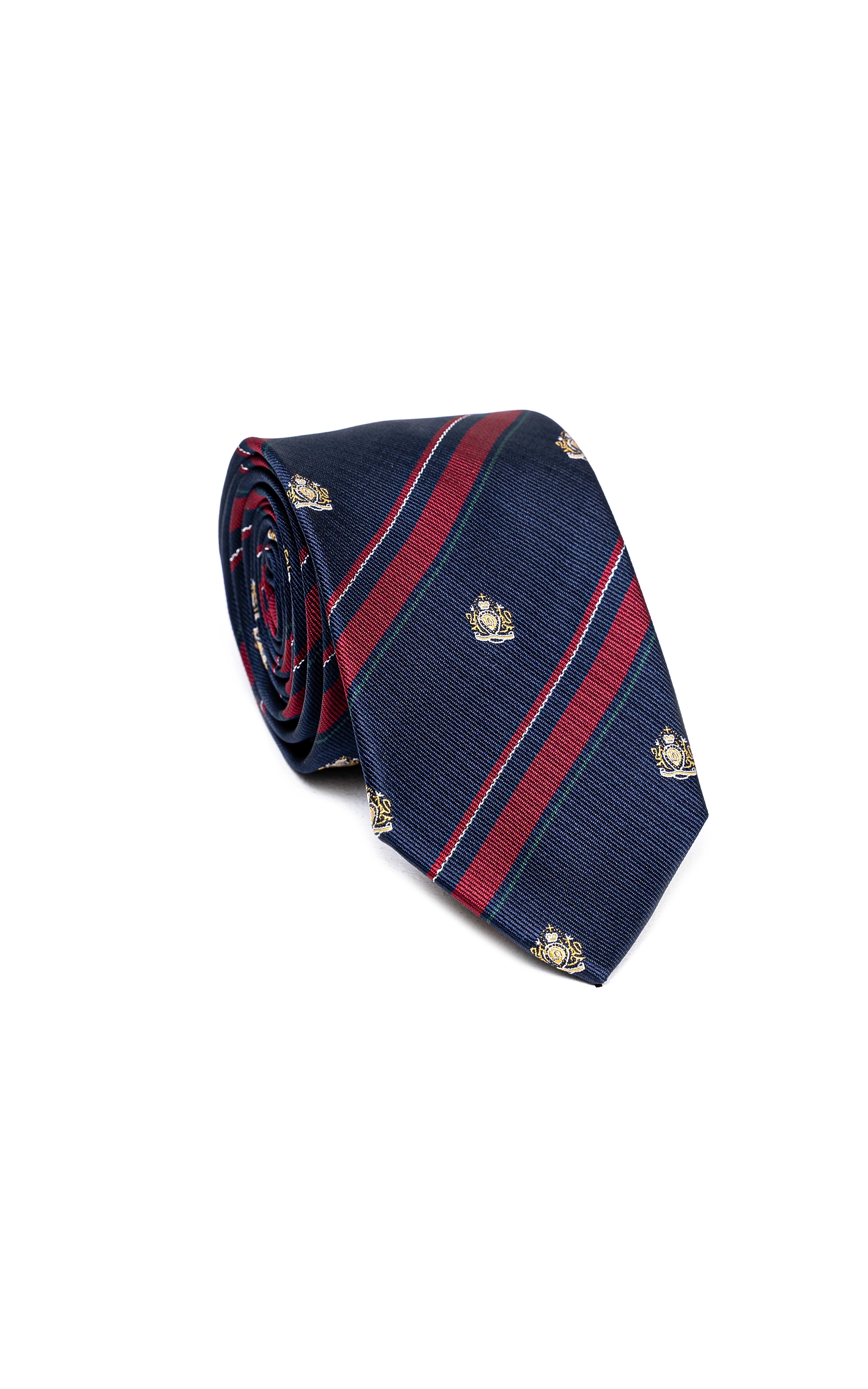 Rolled navy necktie with red diagonal stripe pattern and gold emblem accents