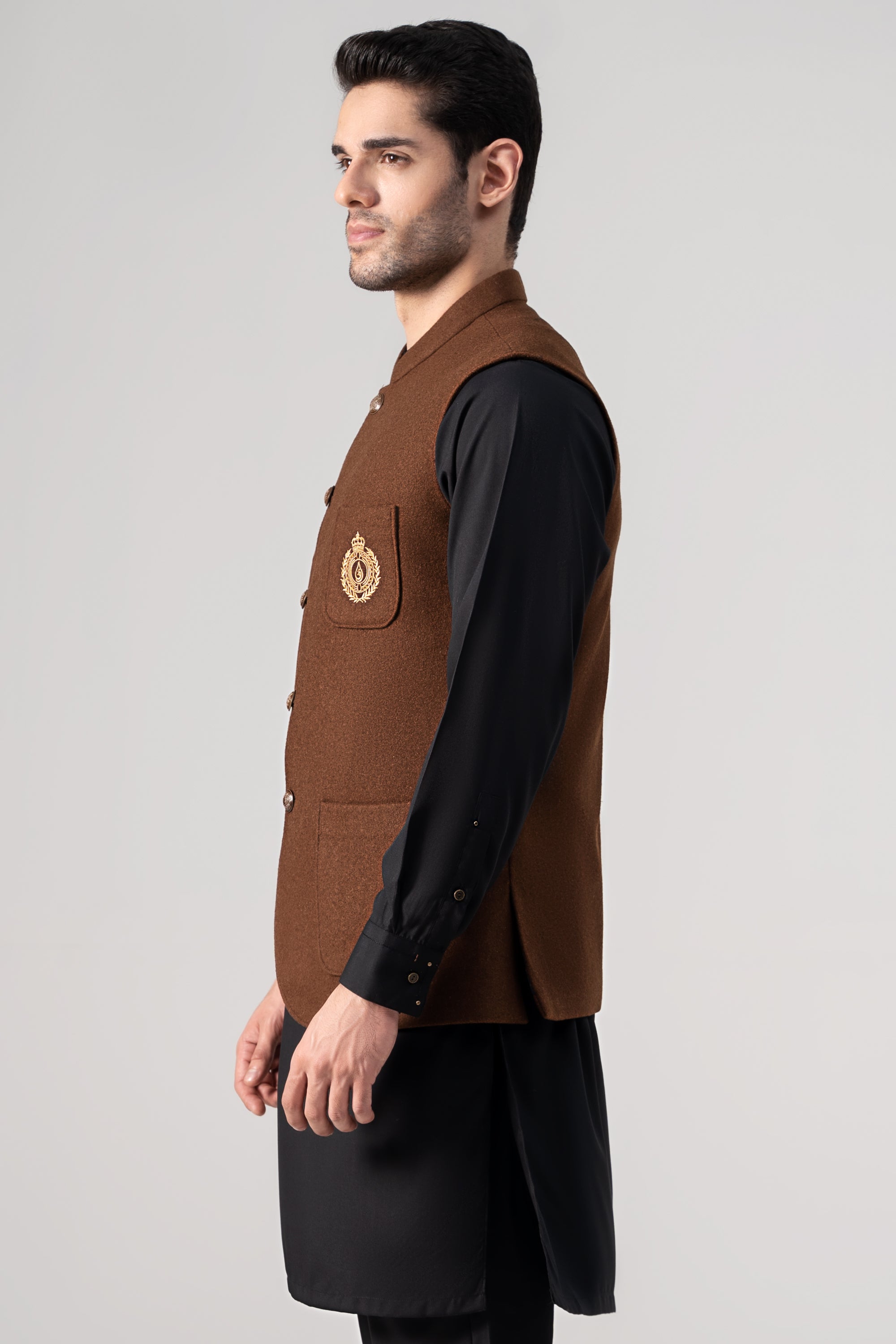 Embroidered Blended Woolen Waistcoat coffee
