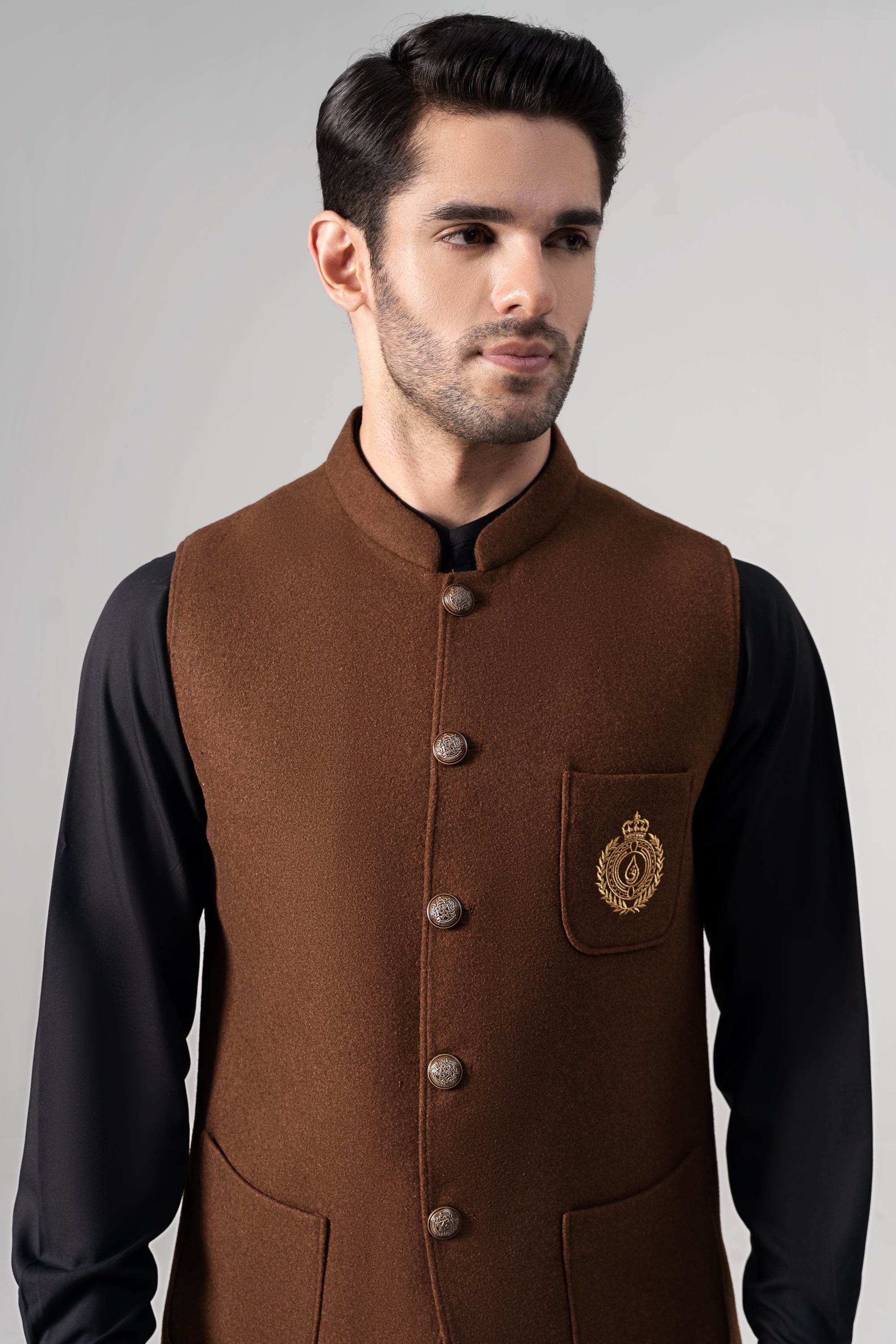 Embroidered Blended Woolen Waistcoat coffee