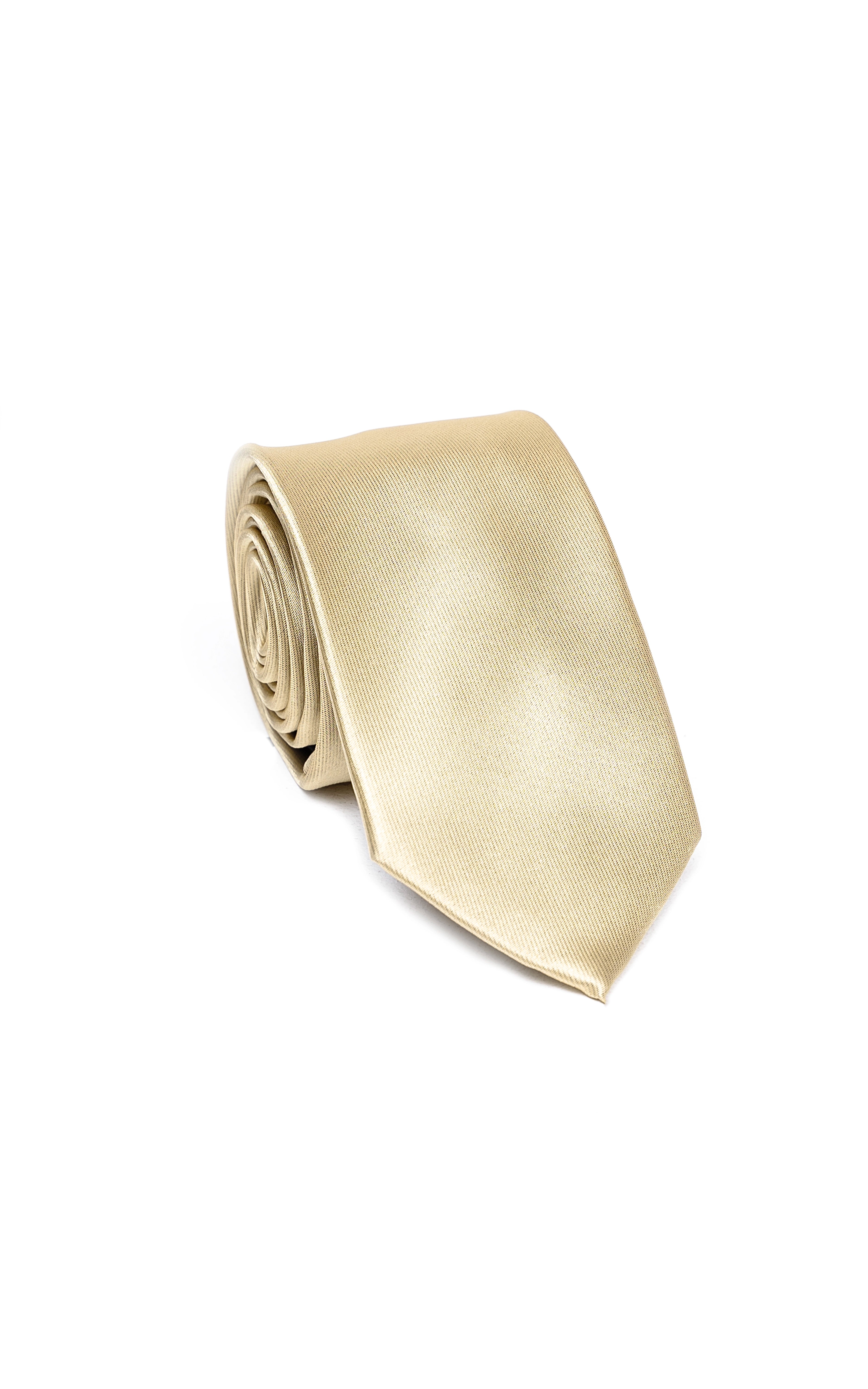 Poly silk tie, light cream textured sheen, folded near knot.