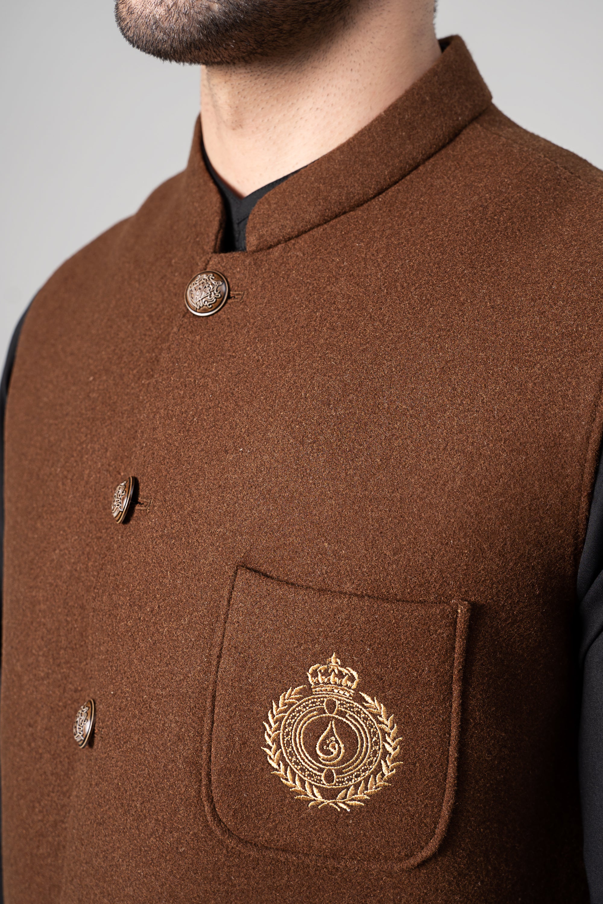 Embroidered Blended Woolen Waistcoat coffee