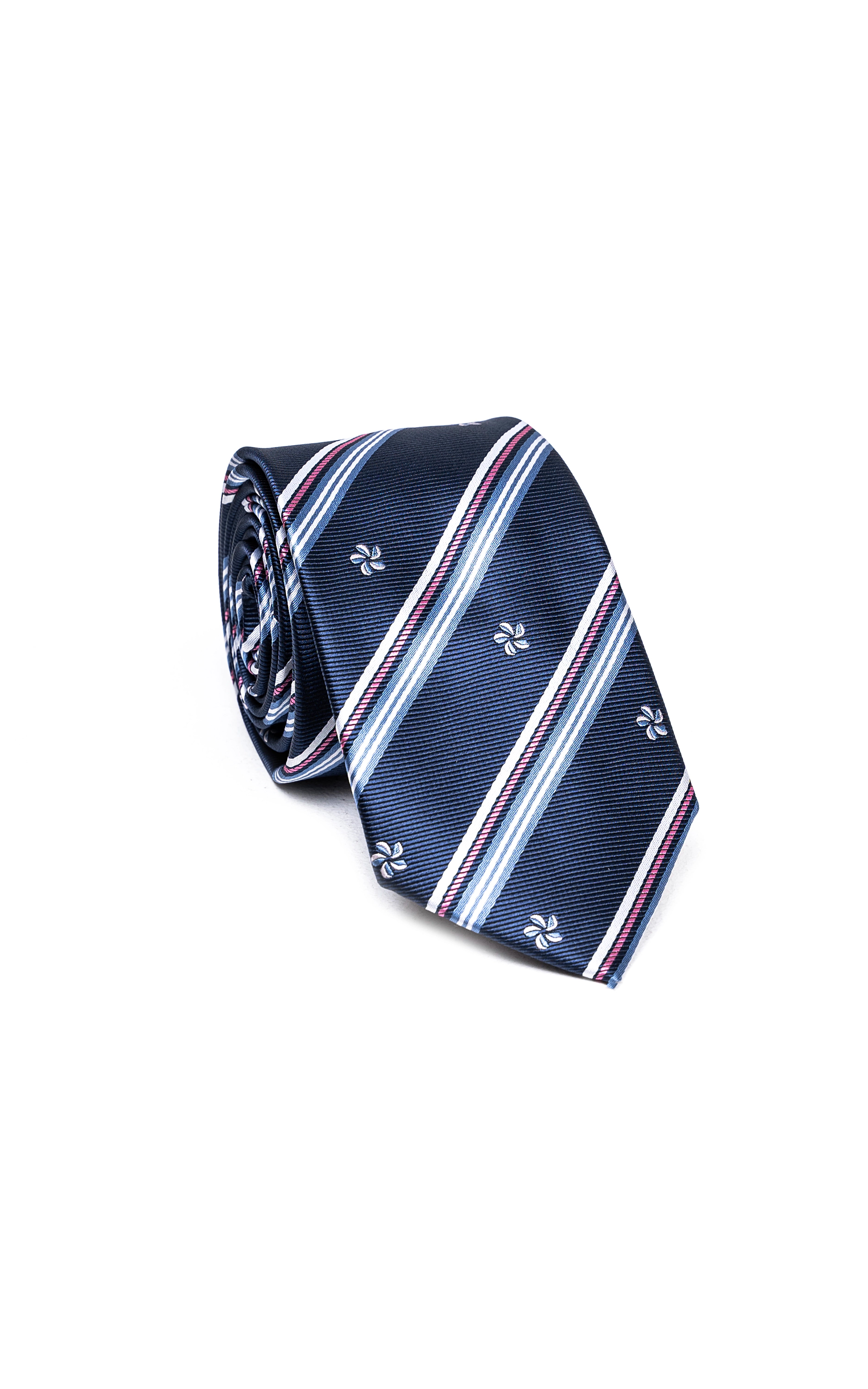 Poly silk tie, dark blue with diagonal stripes and floral motifs