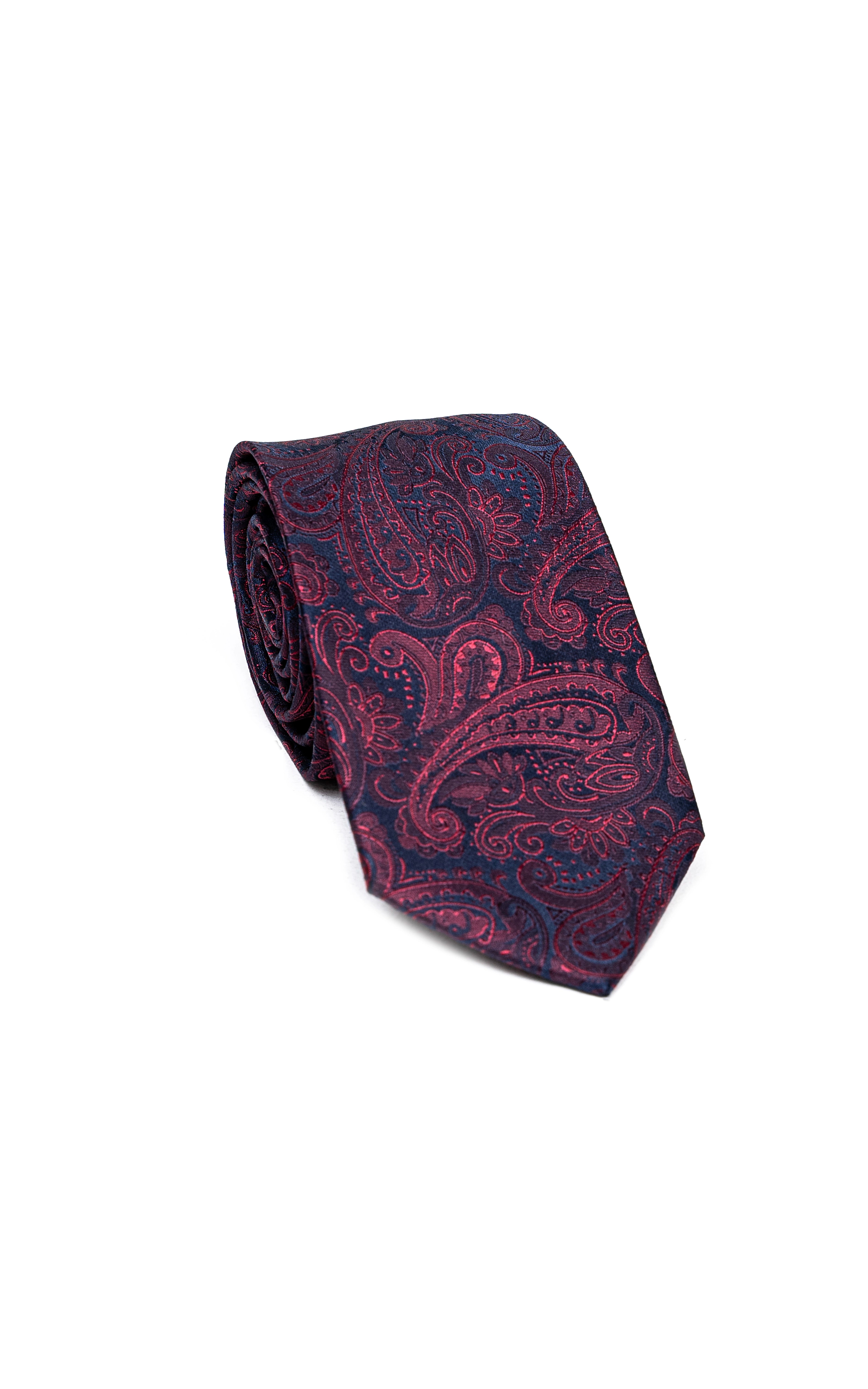 Poly silk tie close-up, burgundy with navy paisley pattern