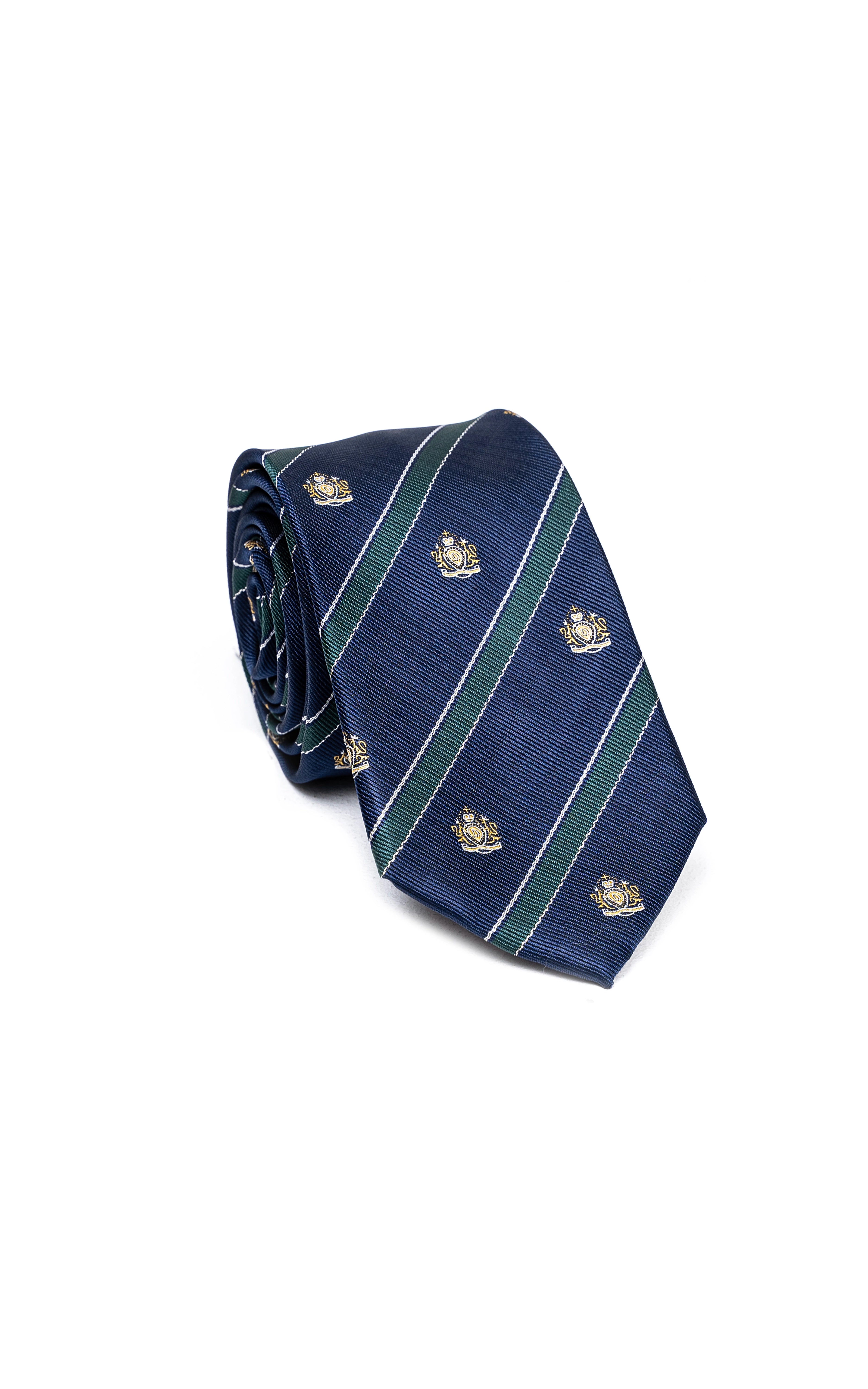 Navy poly silk tie with green diagonal stripes and gold crest motifs