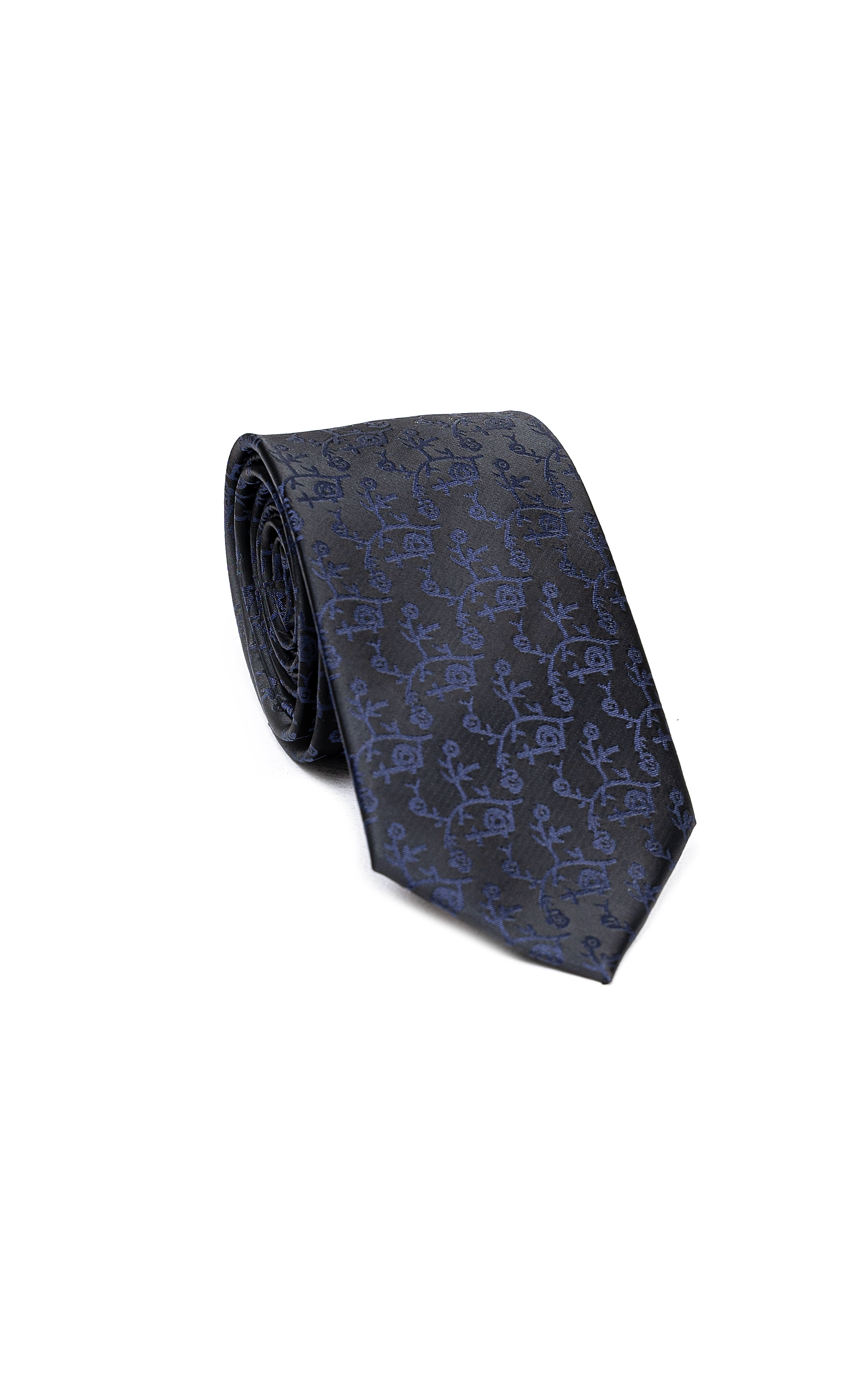 Poly silk tie in dark navy with ornate allover motif, pointed end