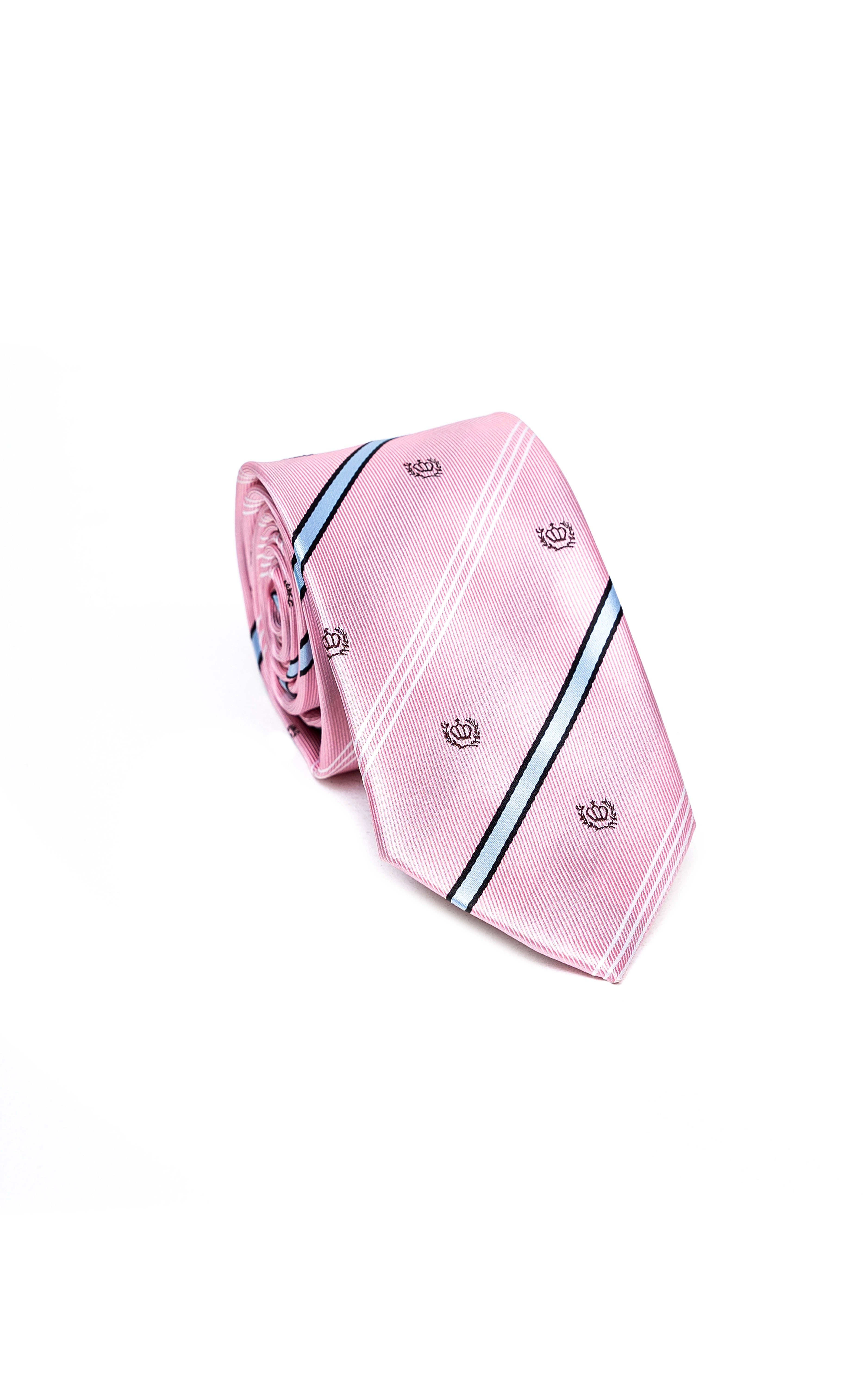 Pink poly silk tie, folded, with navy diagonal stripes and small repeat icons