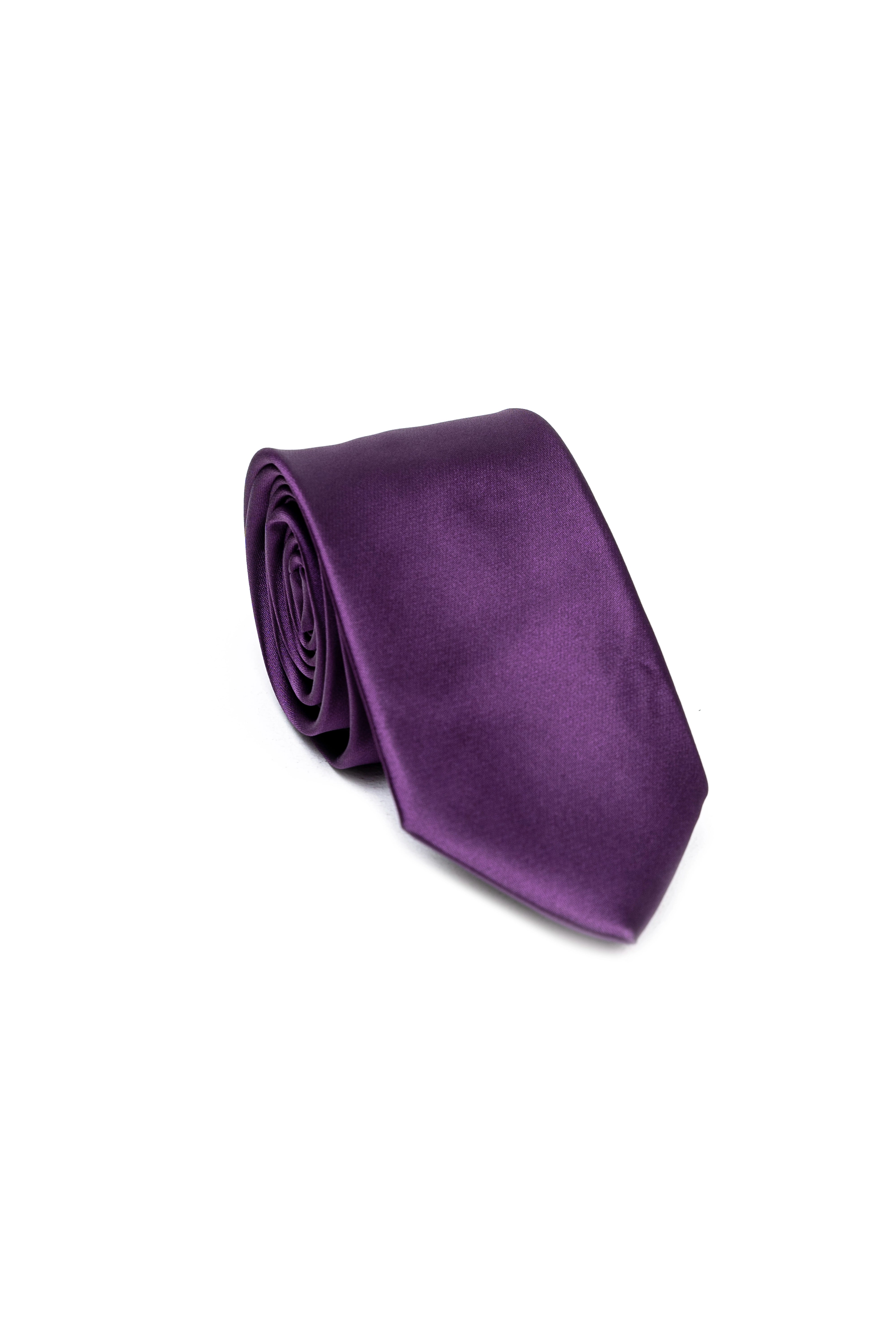 Rolled poly silk tie in solid purple with smooth satin finish.