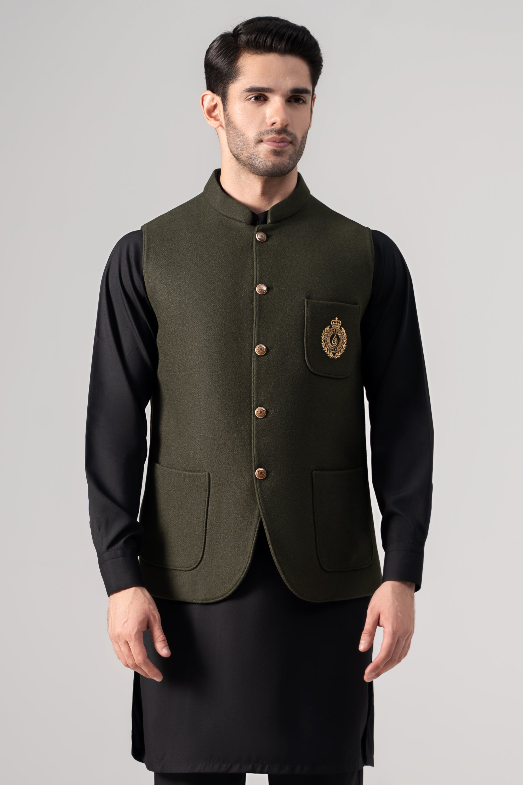 Embroidered Blended Woolen Waistcoat Forest Green
