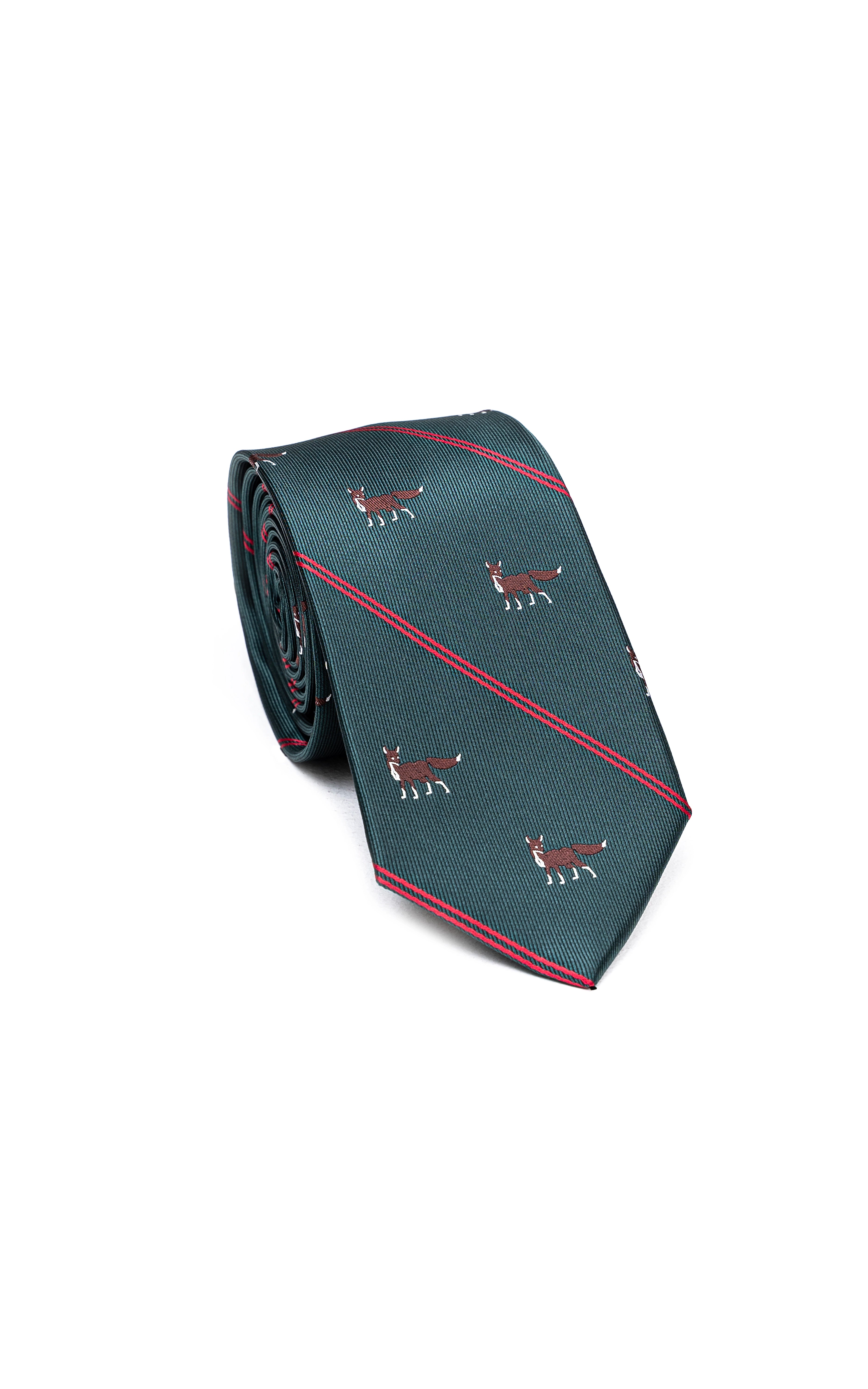 Poly silk tie in dark teal with red diagonal stripe and dog pattern