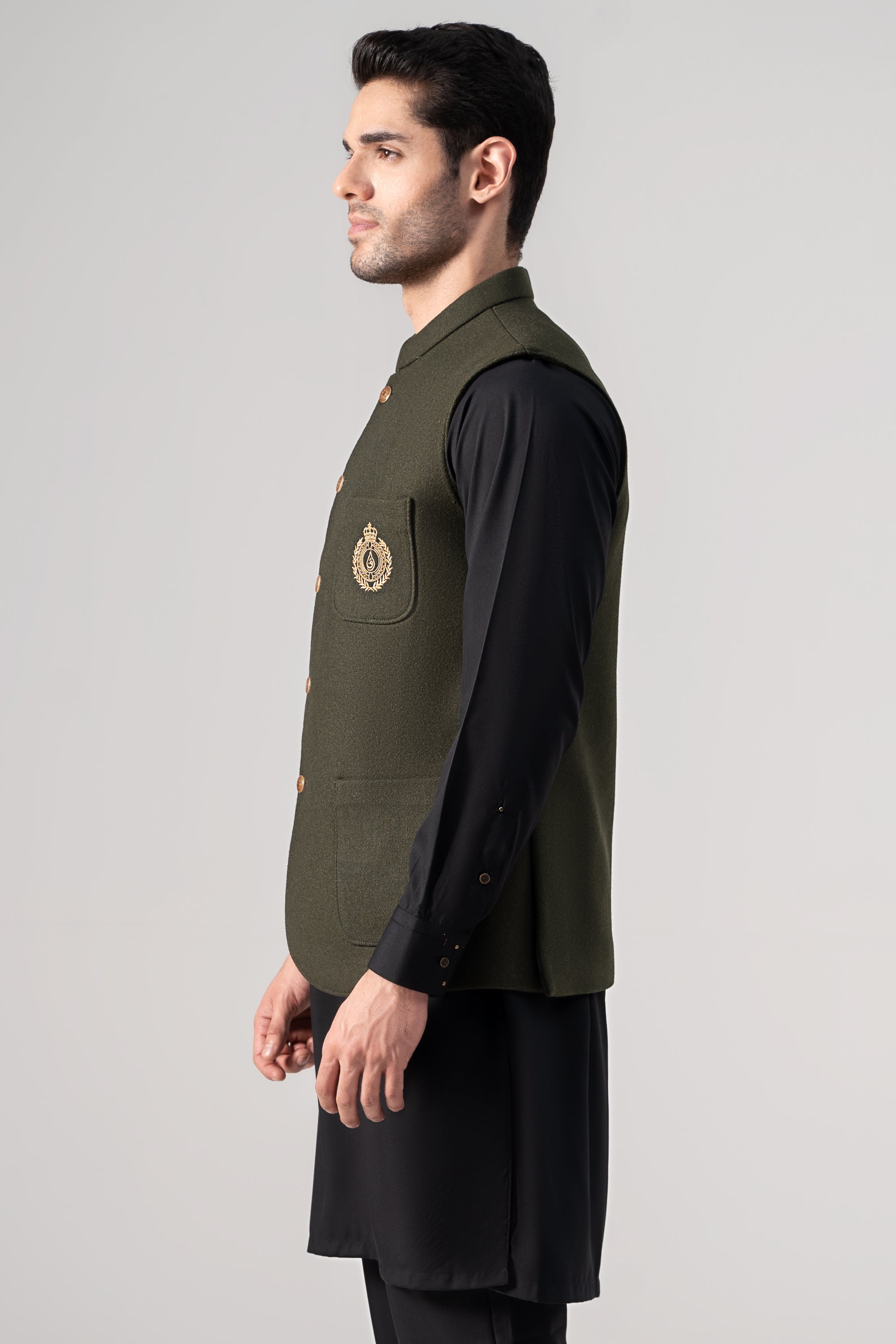 Embroidered Blended Woolen Waistcoat Forest Green