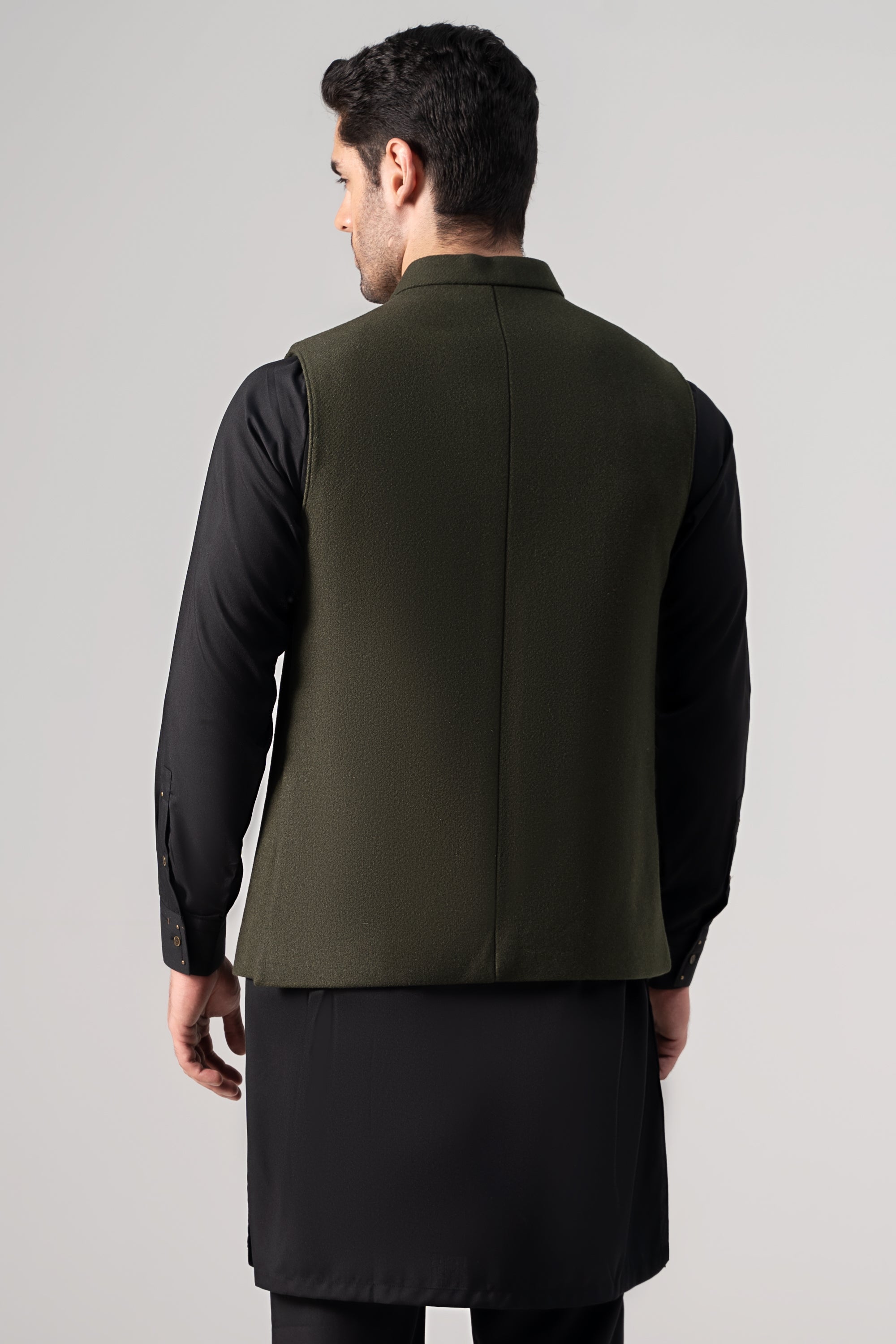 Embroidered Blended Woolen Waistcoat Forest Green