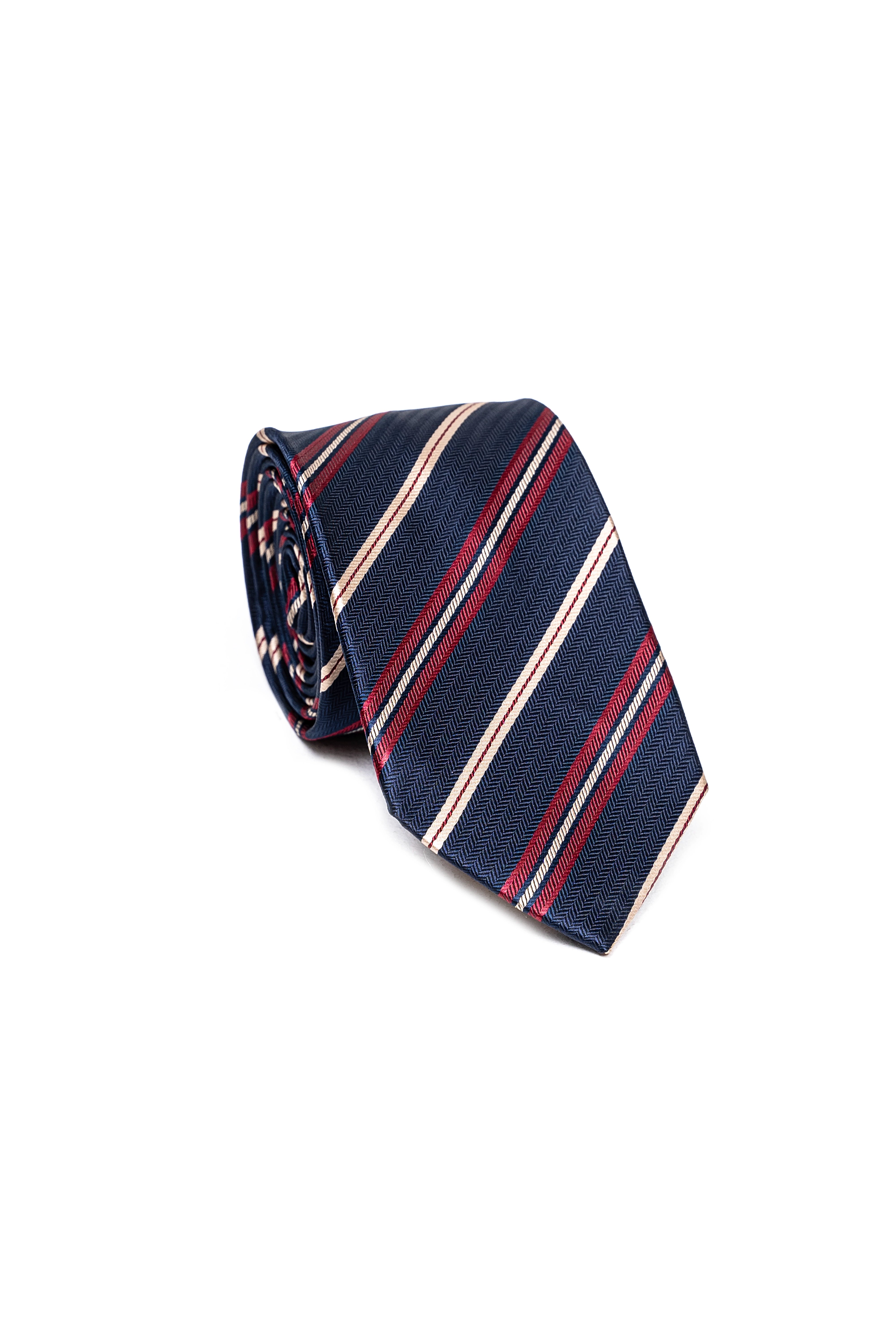 Navy poly silk tie with red and cream striped woven pattern