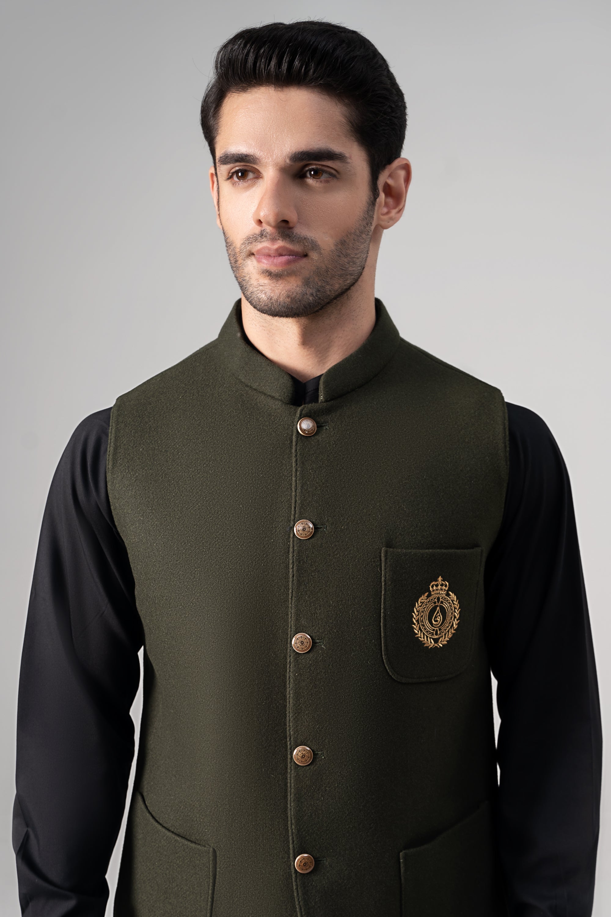 Embroidered Blended Woolen Waistcoat Forest Green