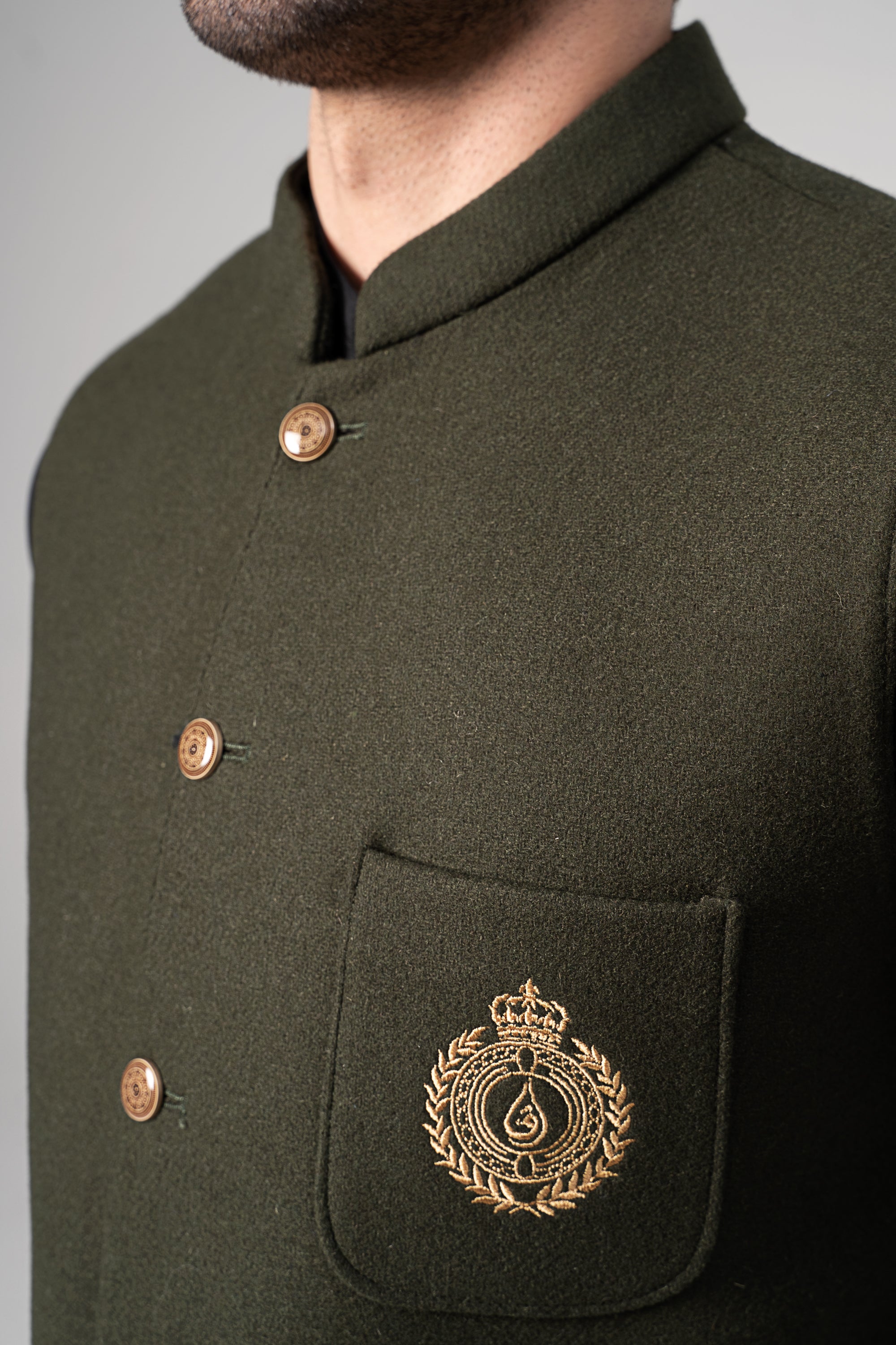 Embroidered Blended Woolen Waistcoat Forest Green